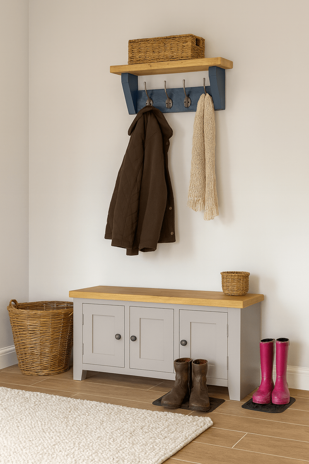 Hicks Blue Coat Rack, Hidden wall fixings, hand painted coat rack with antique shelf, Hallway furniture - Entrance Hall Rack