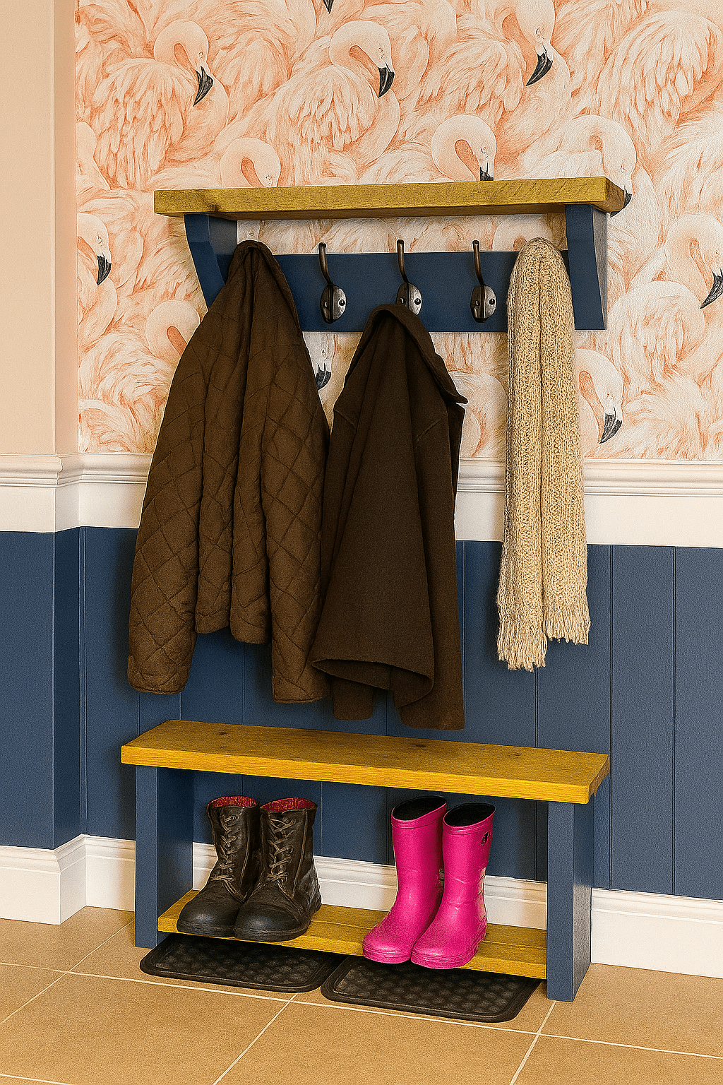 Hicks Blue Coat Rack, Hidden wall fixings, hand painted coat rack with antique shelf, Hallway furniture - Entrance Hall Rack