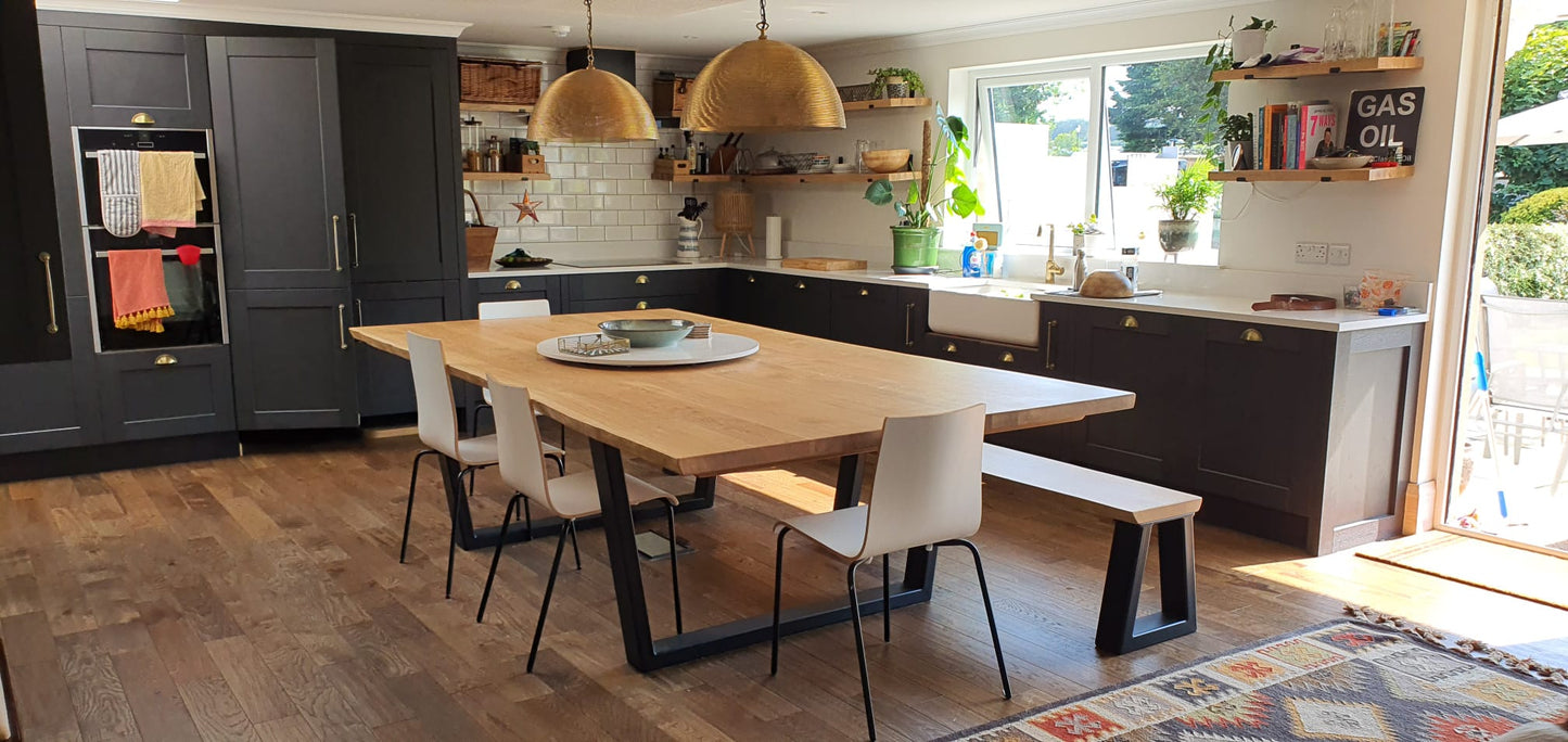 Rustic Elegance: Solid Oak Dining Table with Waney Edge and Industrial Style Box Section Legs