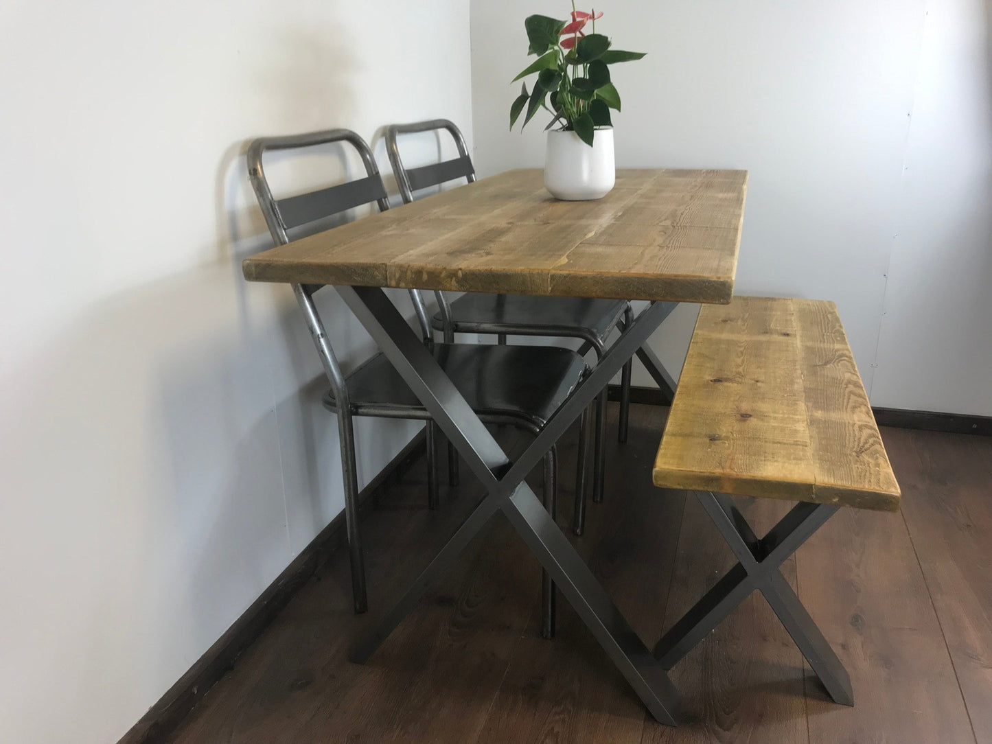 Rustic X-Leg Solid Wood Dining Table Set with Matching Bench Options - Industerior
