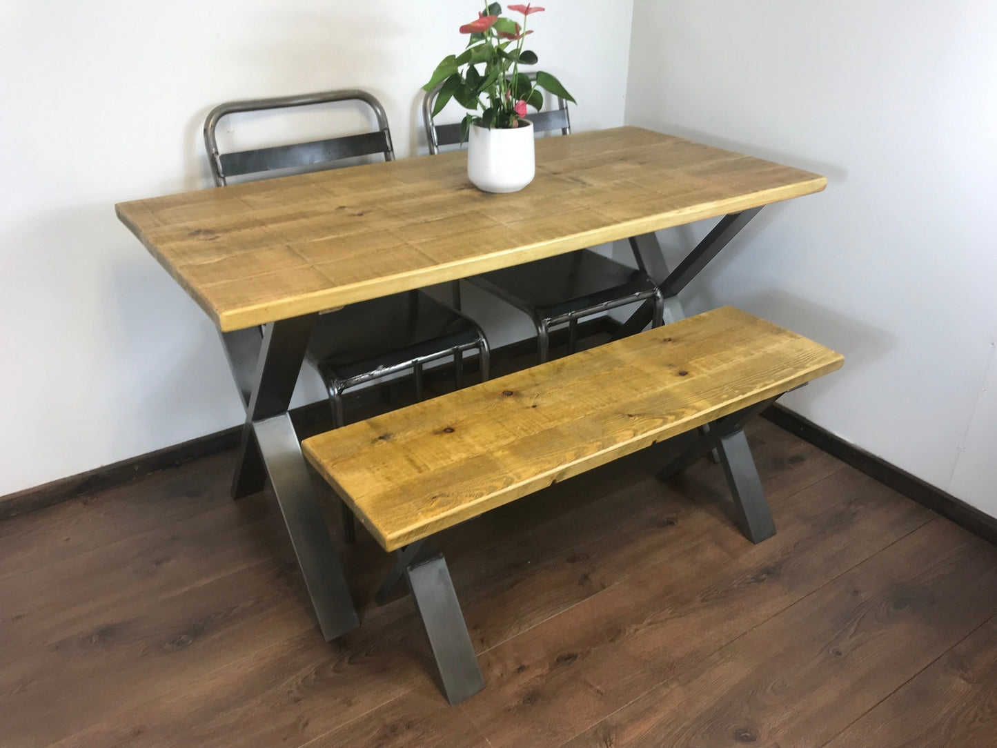 Rustic X-Leg Solid Wood Dining Table Set with Matching Bench Options - Industerior