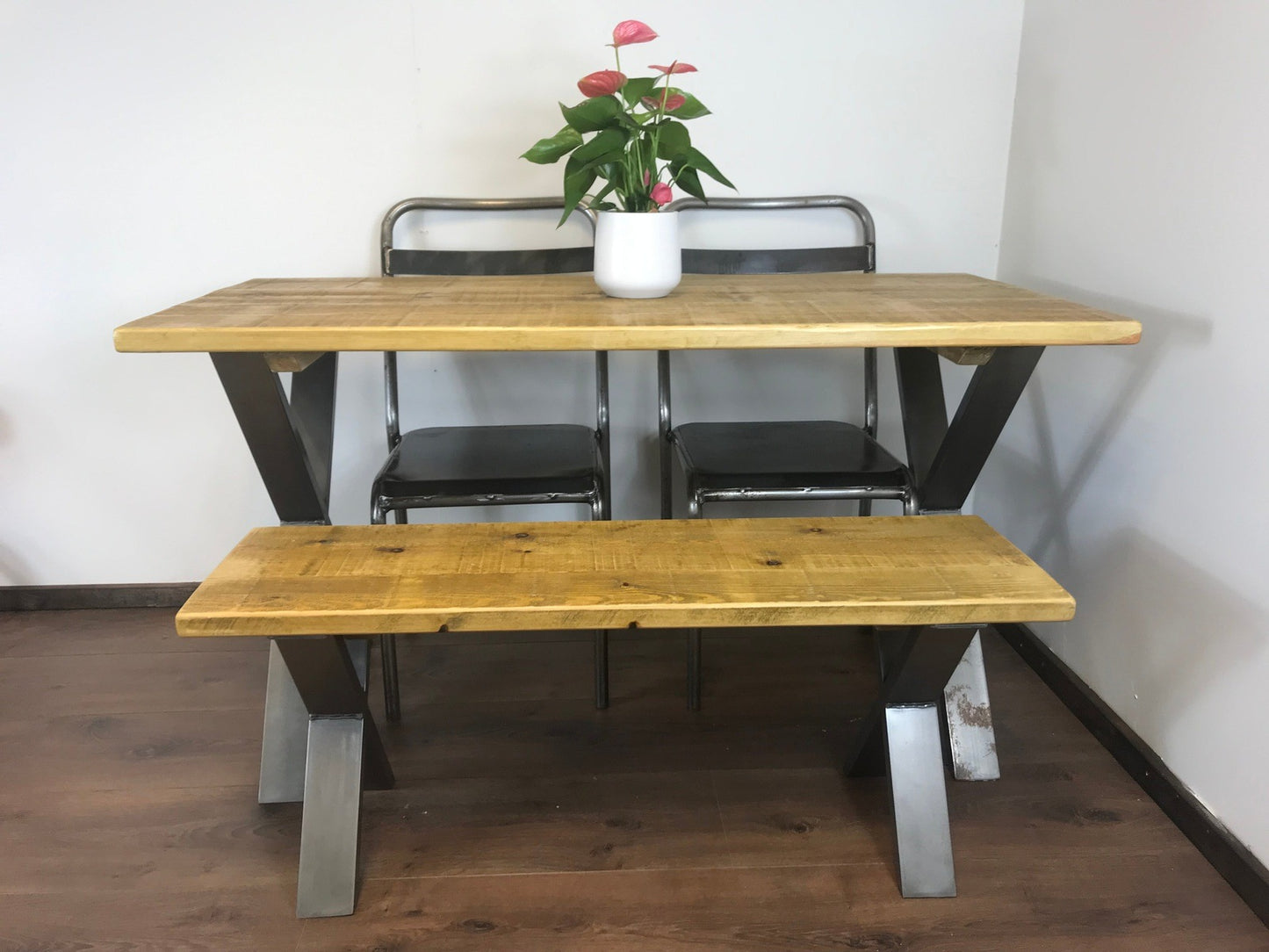 Rustic X-Leg Solid Wood Dining Table Set with Matching Bench Options - Industerior
