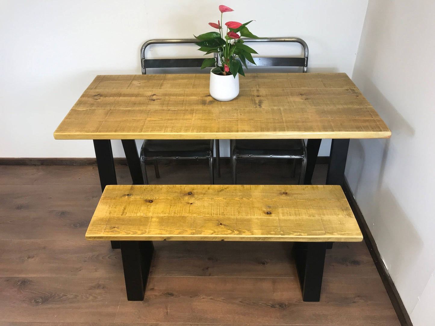 Rustic trapezium Leg Solid Wood Dining Table Set with Matching Bench Options