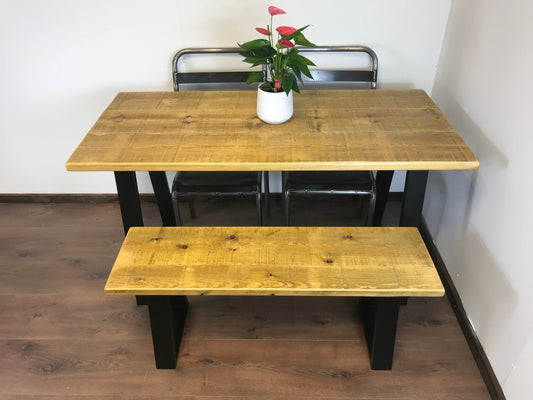 Rustic trapezium Leg Solid Wood Dining Table Set with Matching Bench Options - Industerior