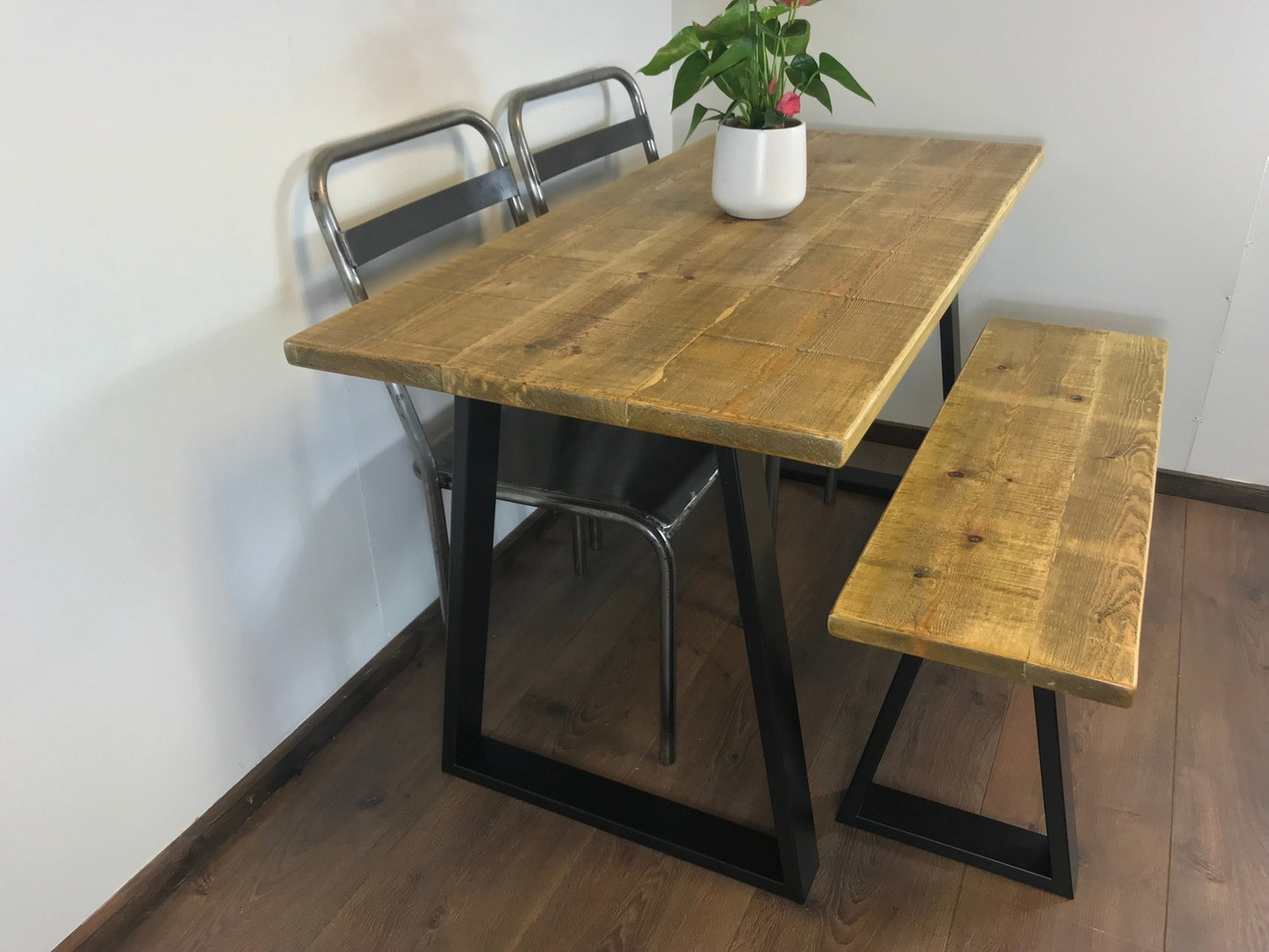 Rustic trapezium Leg Solid Wood Dining Table Set with Matching Bench Options