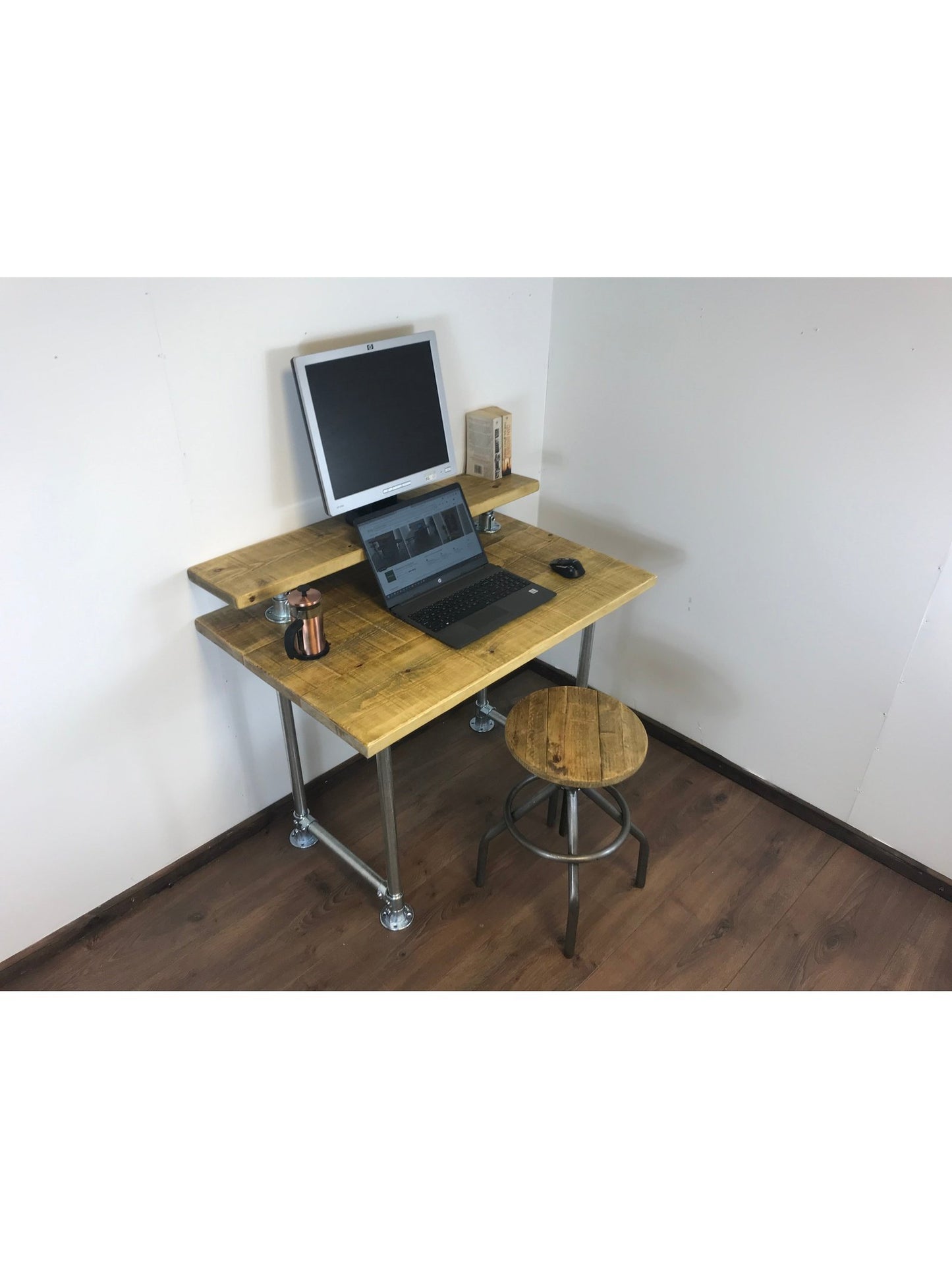 Rustic Industrial Pipe Office Desk with 5 choices of wood finish, Including monitor shelfScaffold style office desk using sustainable timber.