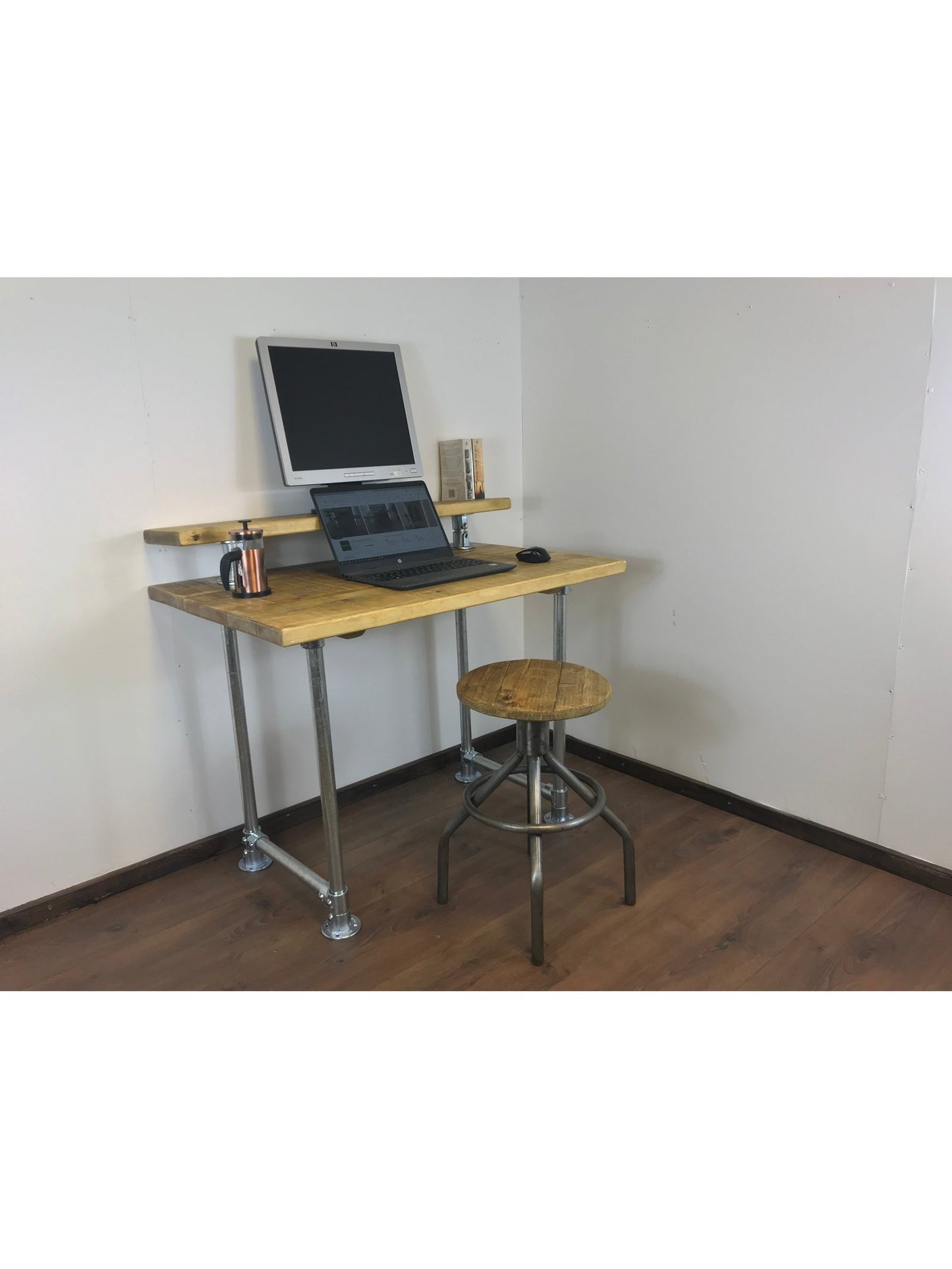 Rustic Industrial Pipe Office Desk with 5 choices of wood finish, Including monitor shelfScaffold style office desk using sustainable timber.