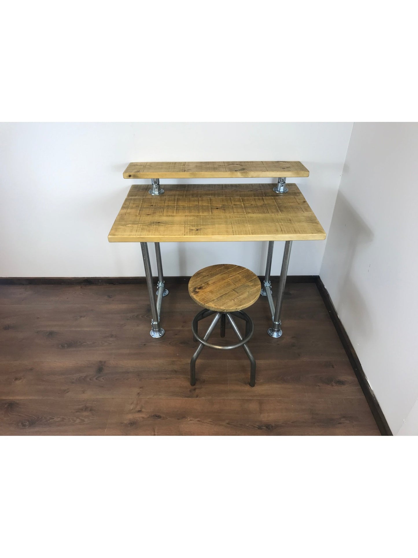 Rustic Industrial Pipe Office Desk with 5 choices of wood finish, Including monitor shelfScaffold style office desk using sustainable timber.