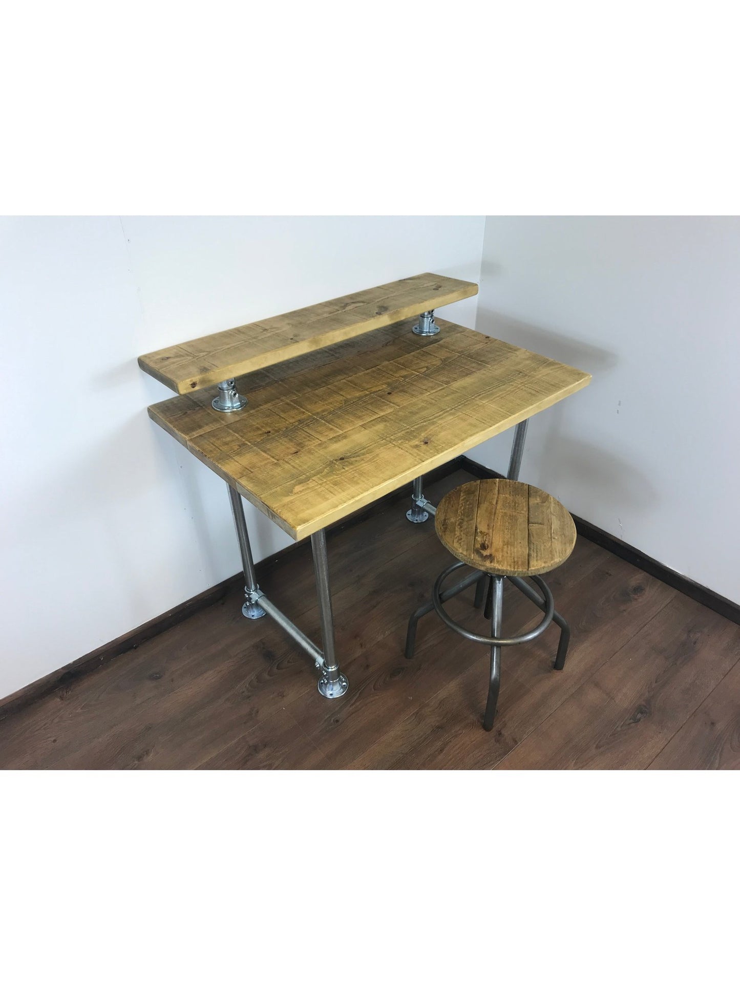 Rustic Industrial Pipe Office Desk with 5 choices of wood finish, Including monitor shelfScaffold style office desk using sustainable timber.