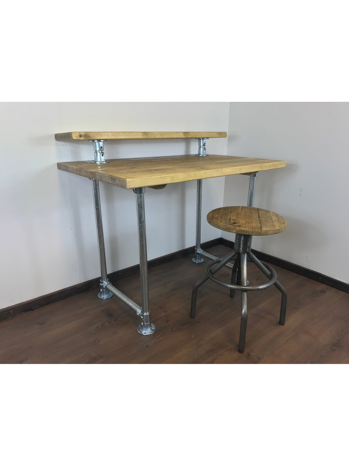 Rustic Industrial Pipe Office Desk with 5 choices of wood finish, Including monitor shelfScaffold style office desk using sustainable timber.