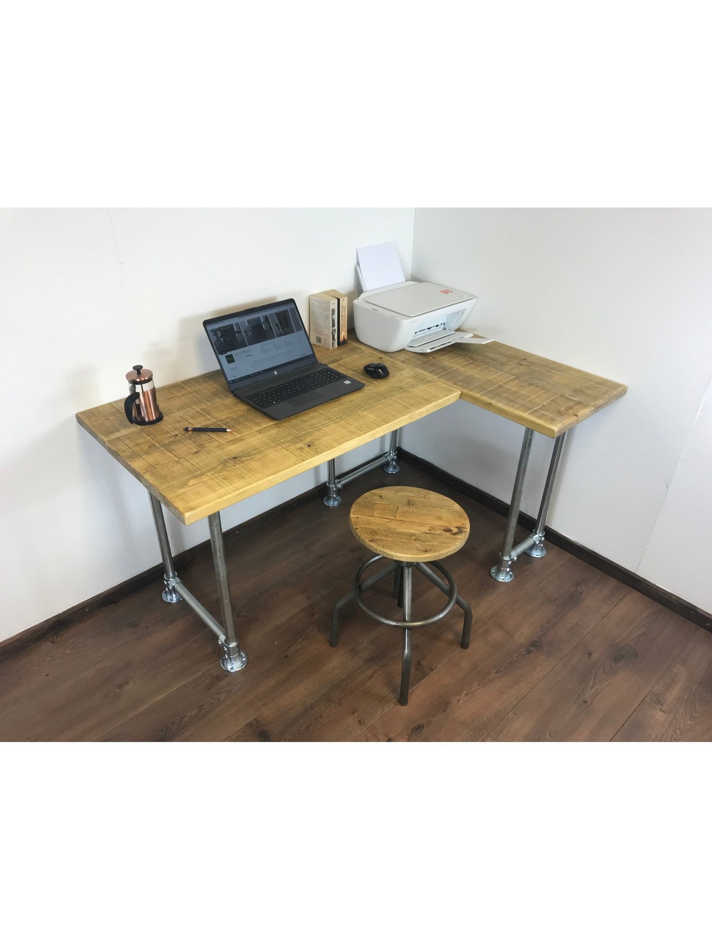 Rustic Industrial Corner Desk - L-Shape with Silver Metal Legs - 3 Colours - Right or left-handed, Free UK delivery