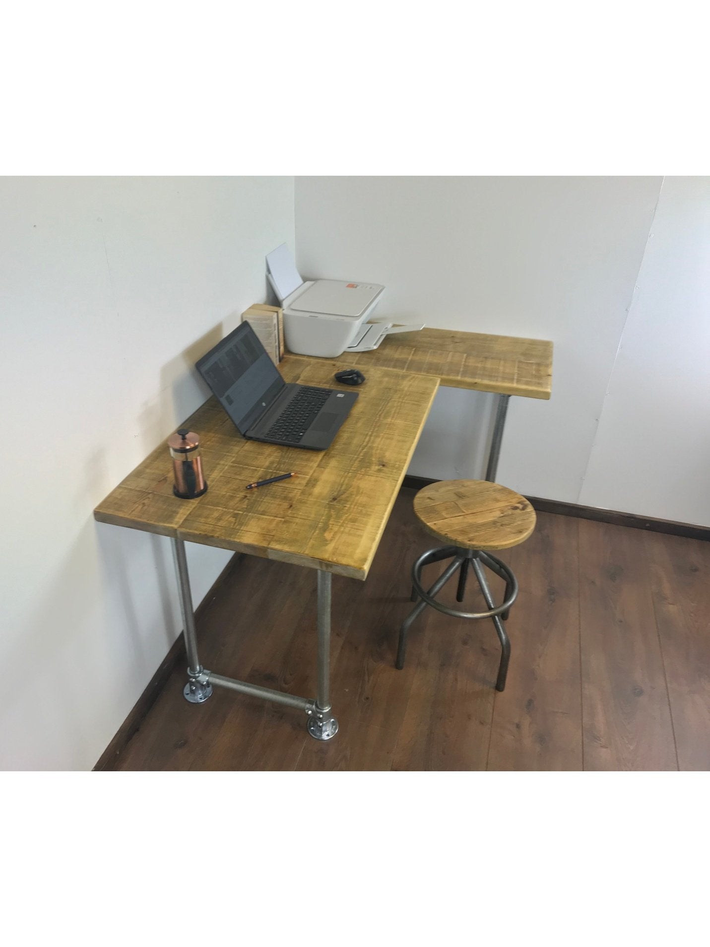 Rustic Industrial Corner Desk - L-Shape with Silver Metal Legs - 3 Colours - Right or left-handed, Free UK delivery