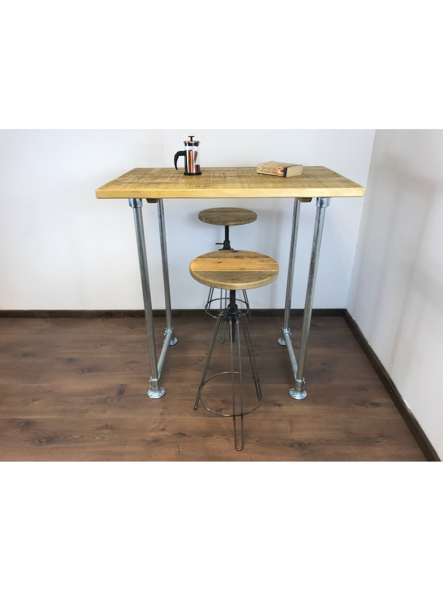 Industrial Rustic Breakfast Bar Free standing - Silver pipe style legs - adjustable feet - sustainable wood - hand made in Yorkshire.