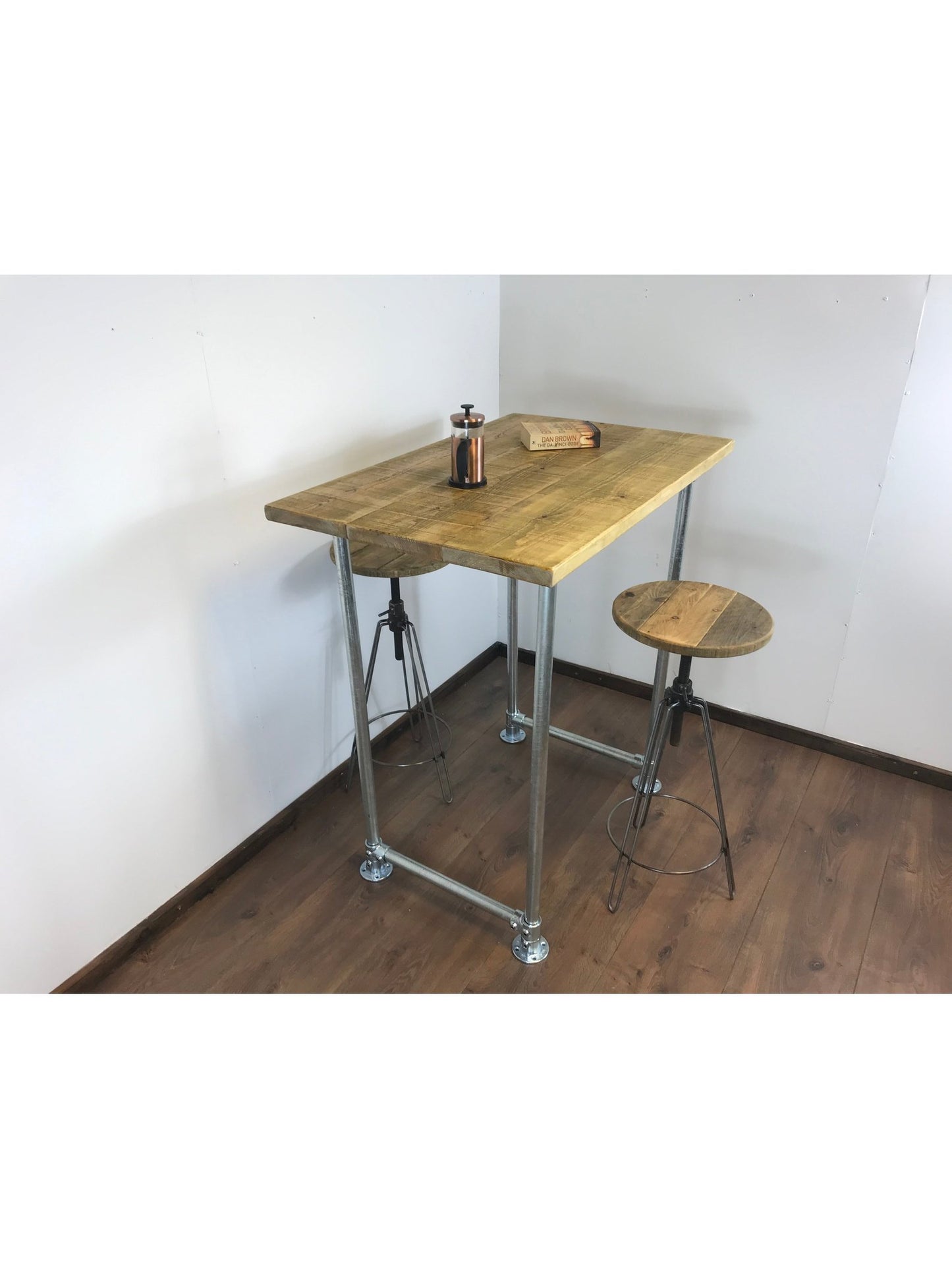 Industrial Rustic Breakfast Bar Free standing - Silver pipe style legs - adjustable feet - sustainable wood - hand made in Yorkshire.