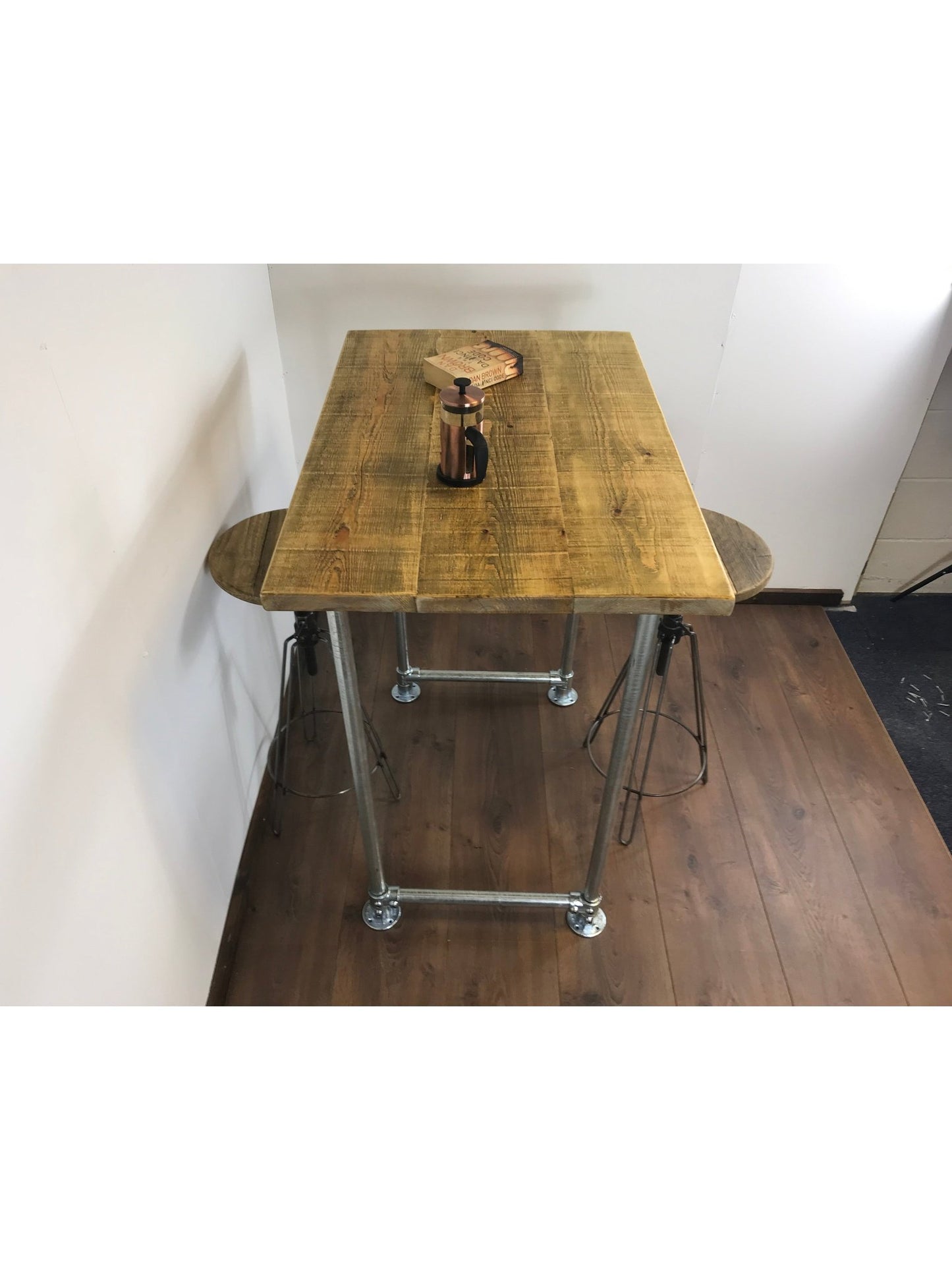 Industrial Rustic Breakfast Bar Free standing - Silver pipe style legs - adjustable feet - sustainable wood - hand made in Yorkshire.