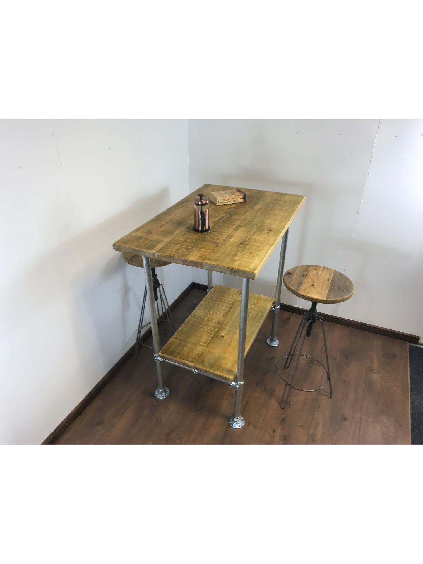 Industrial Rustic Breakfast Bar with shelf, choice of 5 wood finishes with Optional Stools - adjustable feet for uneven floor surfaces