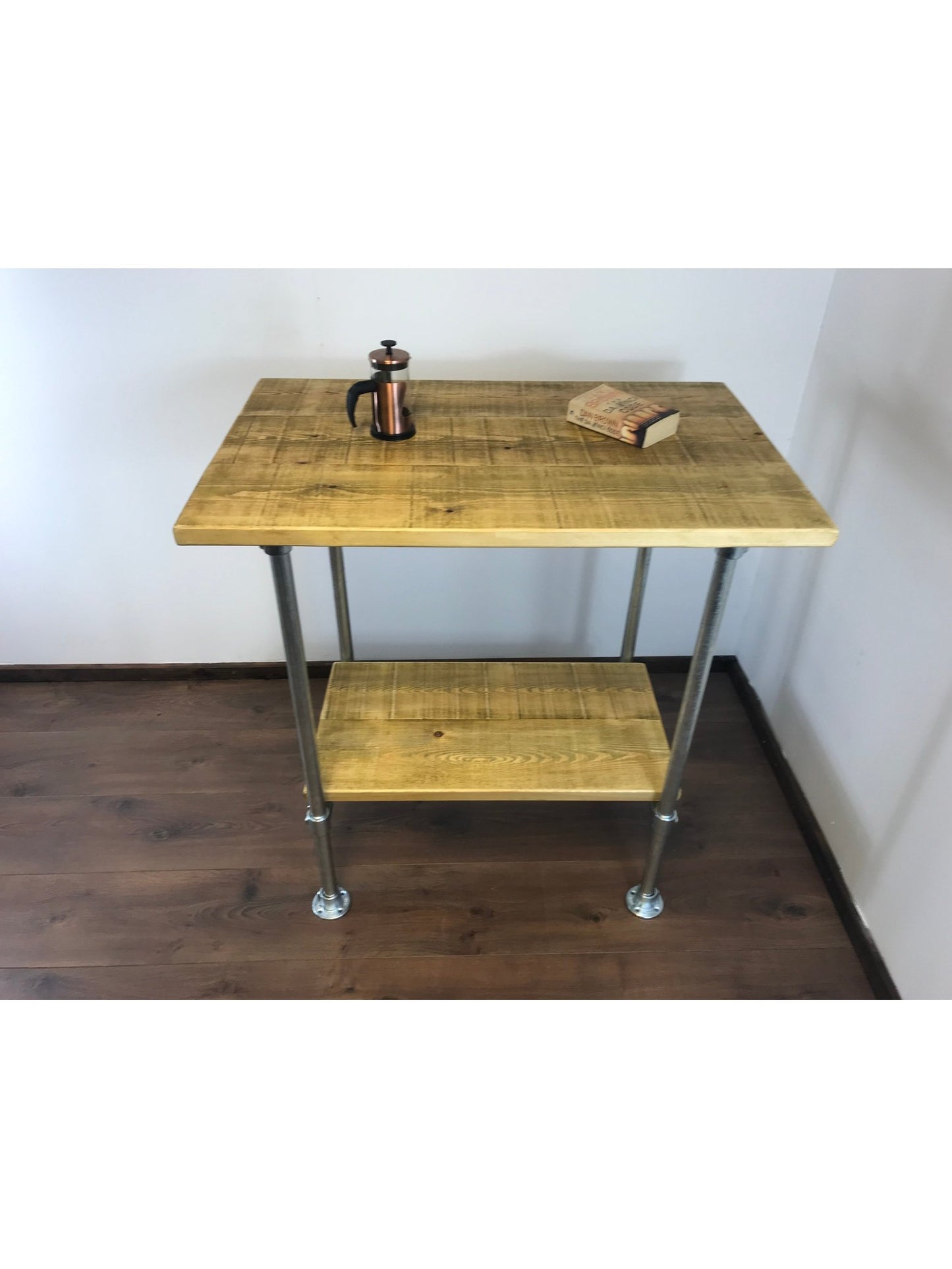 Industrial Rustic Breakfast Bar with shelf, choice of 5 wood finishes with Optional Stools - adjustable feet for uneven floor surfaces