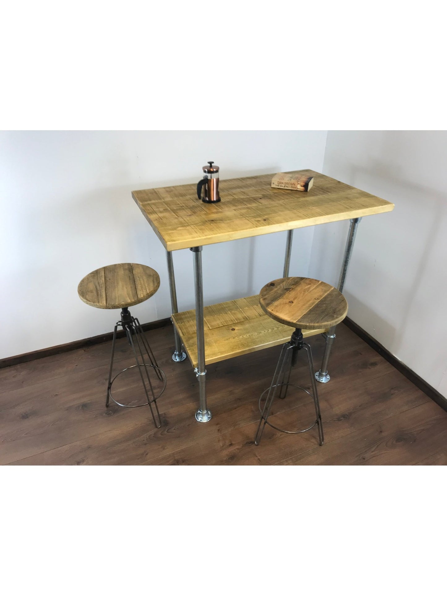 Industrial Rustic Breakfast Bar with shelf, choice of 5 wood finishes with Optional Stools - adjustable feet for uneven floor surfaces