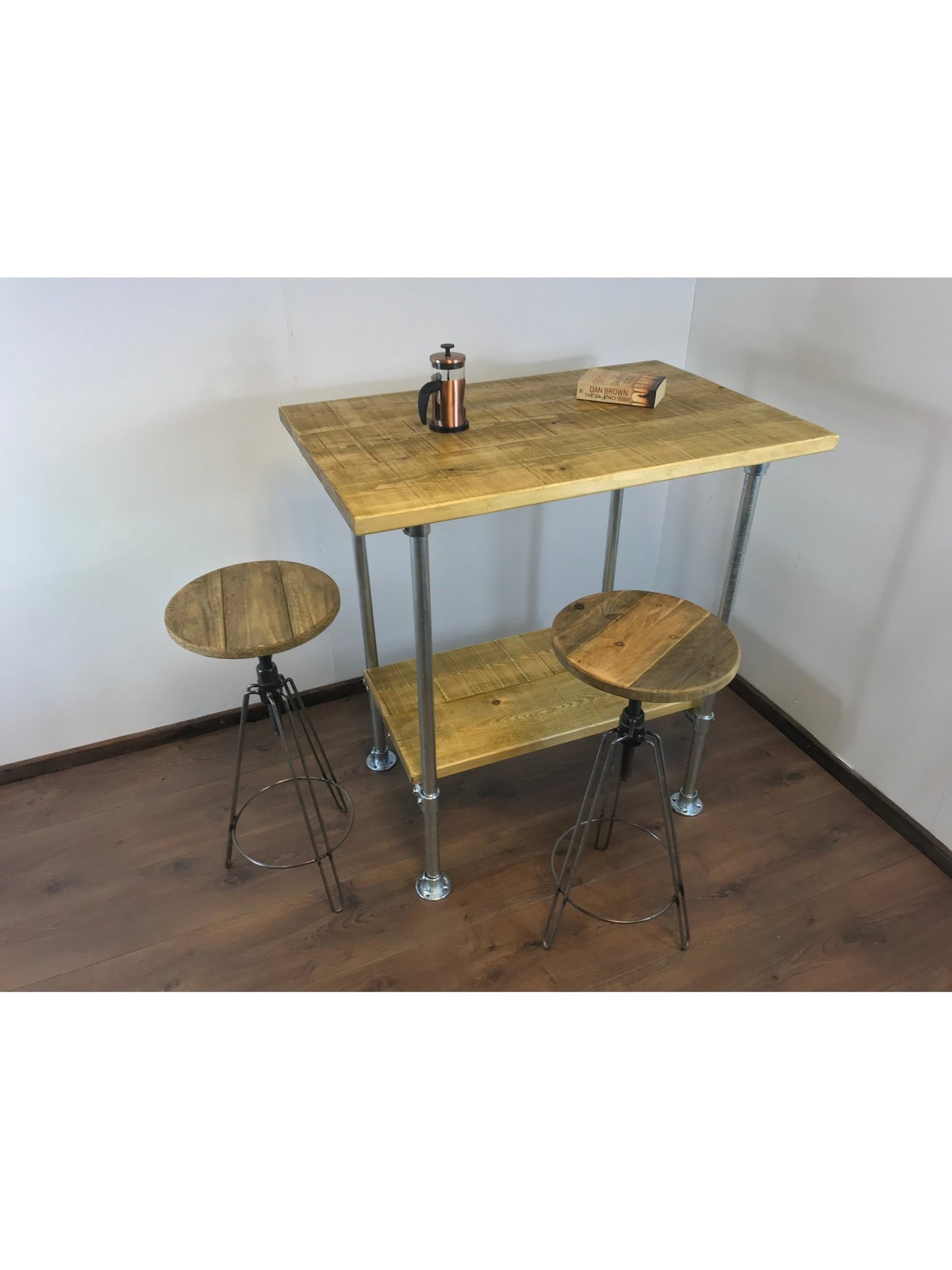 Industrial Rustic Breakfast Bar with shelf, choice of 5 wood finishes with Optional Stools - adjustable feet for uneven floor surfaces