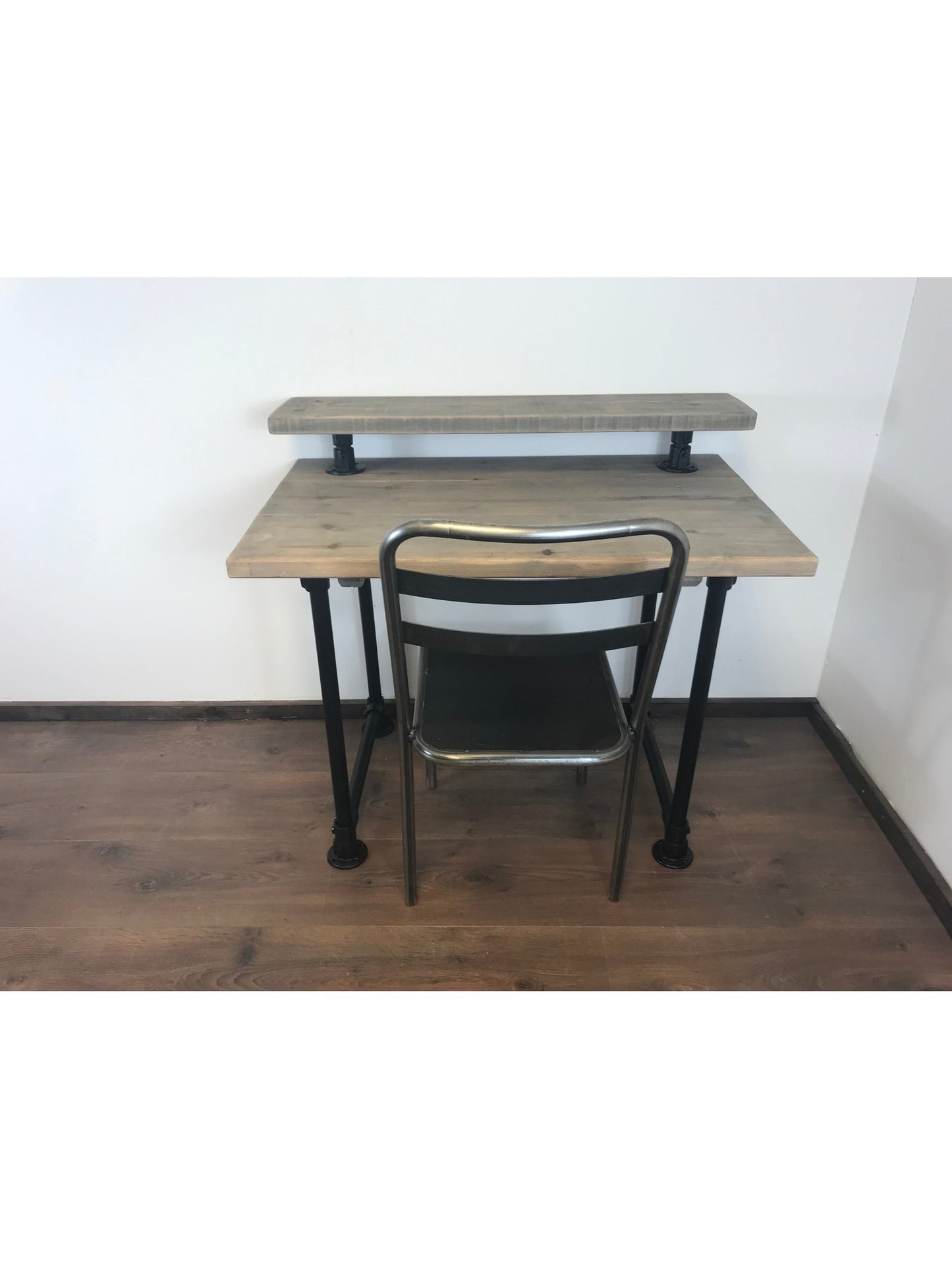 Industrial Office Desk with black Scaffold Pipe Legs, Including monitor shelf. 5 choices of wood finish, Home Office Furniture, sustainable timber-Customisable Sizes - Industerior