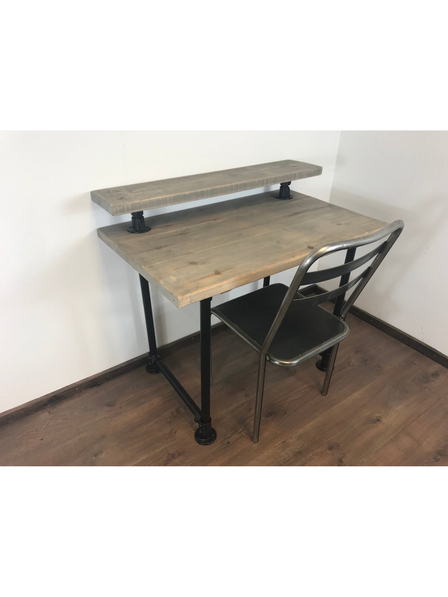 Industrial Office Desk with black Scaffold Pipe Legs, Including monitor shelf. 5 choices of wood finish, Home Office Furniture, sustainable timber-Customisable Sizes - Industerior