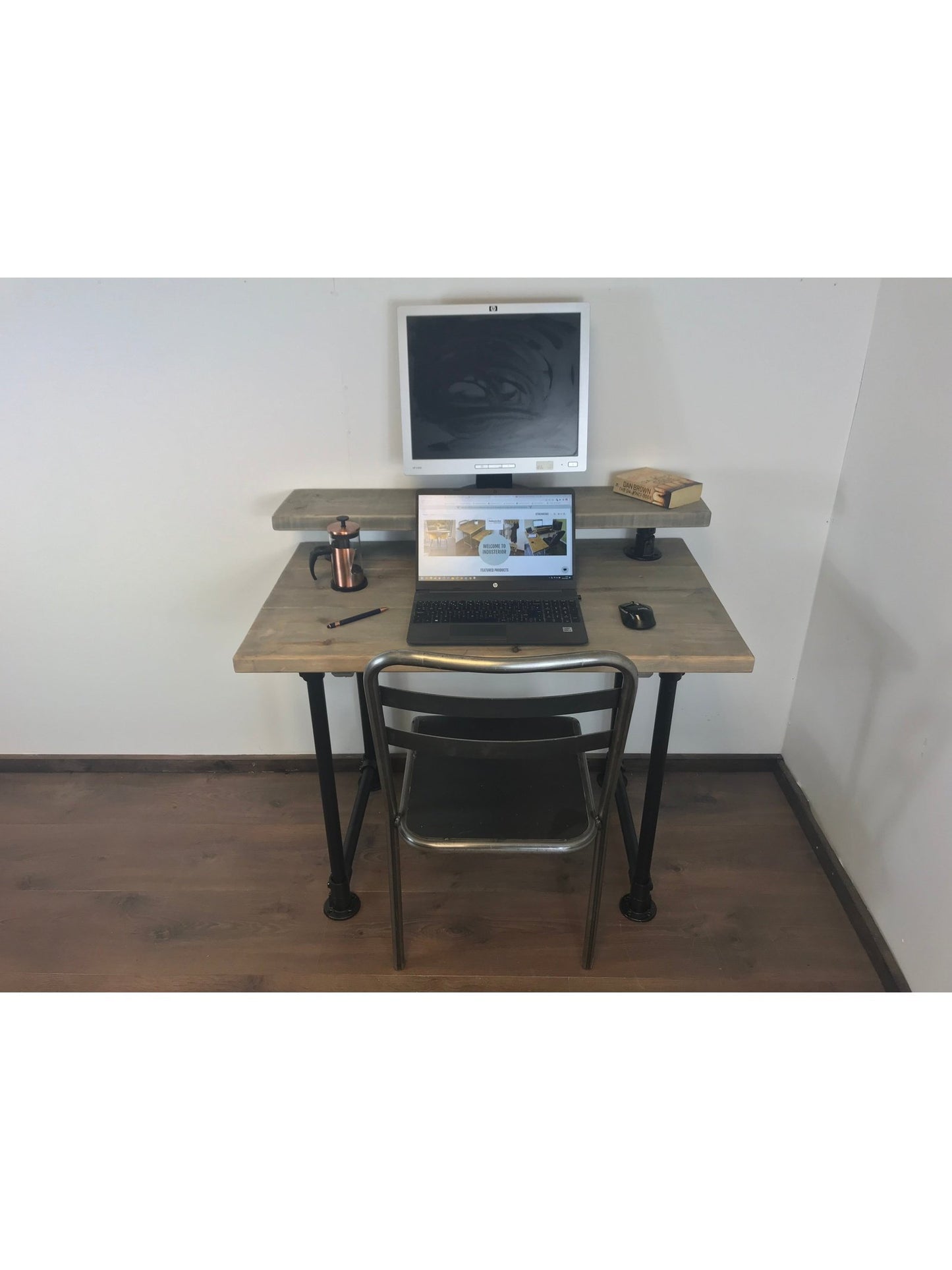 Industrial Office Desk with black Scaffold Pipe Legs, Including monitor shelf. 5 choices of wood finish, Home Office Furniture, sustainable timber-Customisable Sizes - Industerior