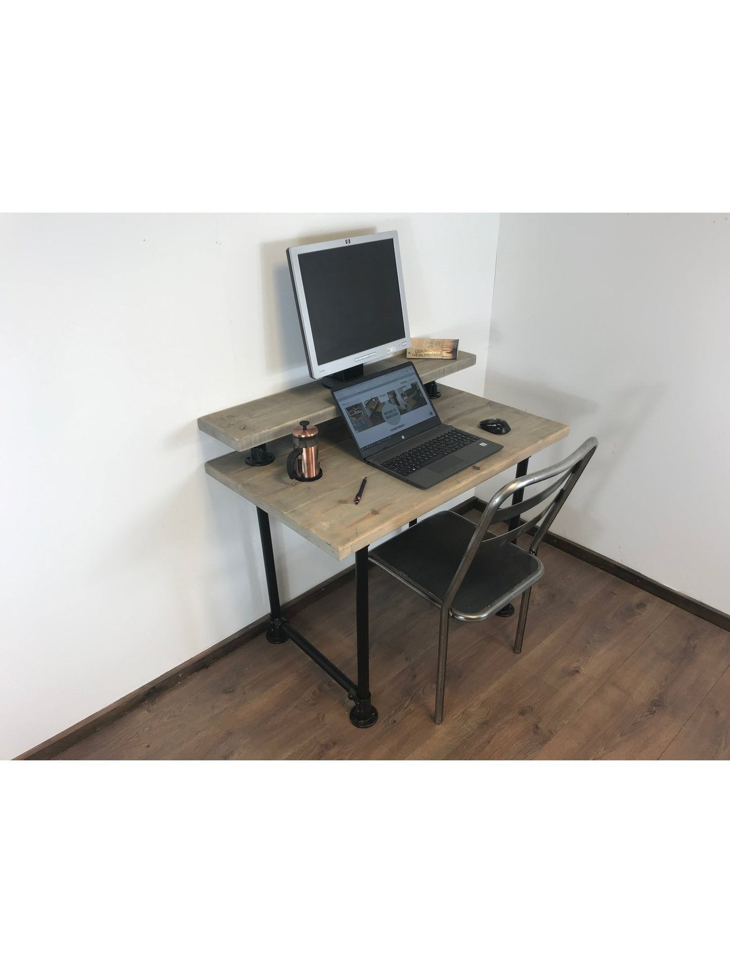 Industrial Office Desk with black Scaffold Pipe Legs, Including monitor shelf. 5 choices of wood finish, Home Office Furniture, sustainable timber-Customisable Sizes - Industerior