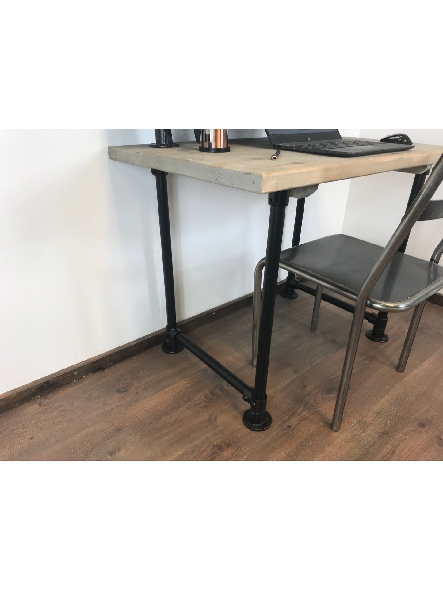 Industrial Office Desk with black Scaffold Pipe Legs, Including monitor shelf. 5 choices of wood finish, Home Office Furniture, sustainable timber-Customisable Sizes - Industerior