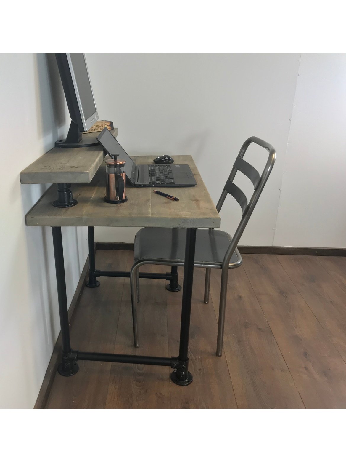 Industrial Office Desk with black Scaffold Pipe Legs, Including monitor shelf. 5 choices of wood finish, Home Office Furniture, sustainable timber-Customisable Sizes - Industerior