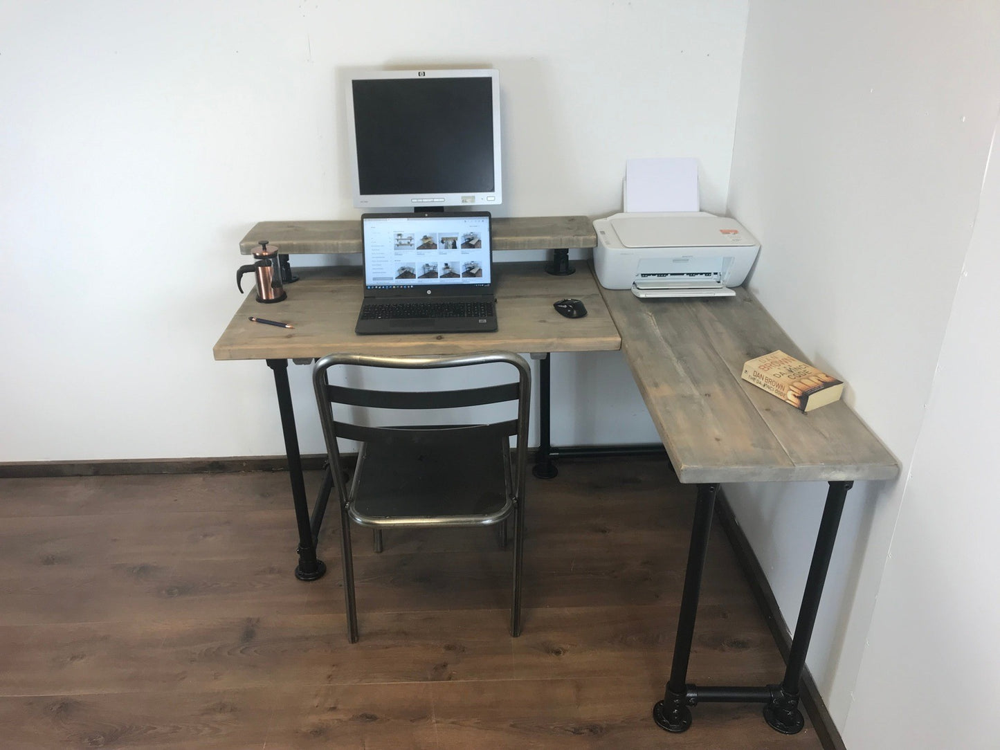 Rustic Corner Desk with Monitor Shelf & black Pipe Legs -Left or right-Handed Style-5 Colours-Customisable Sizes, Industrial L shape desk