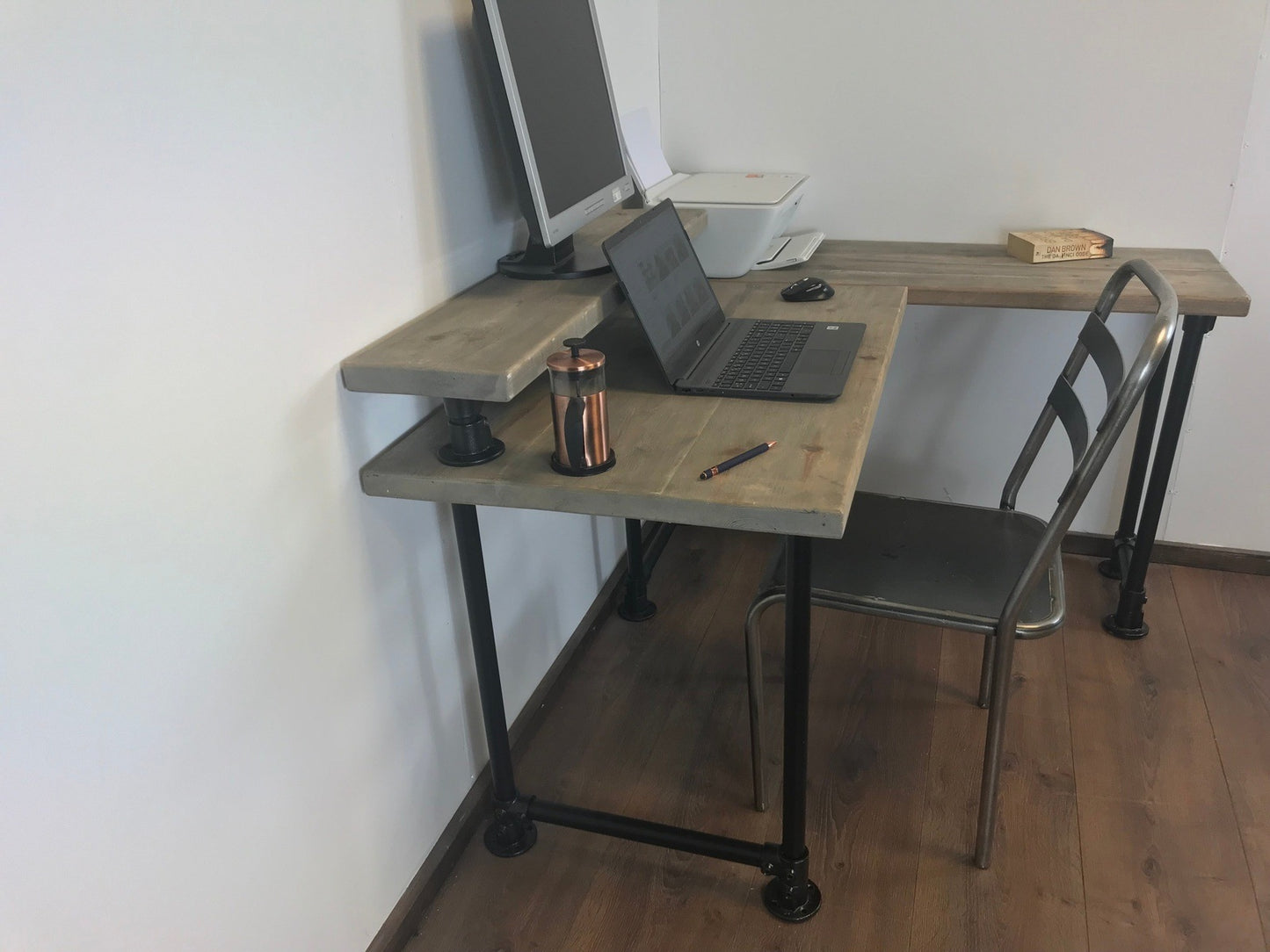 Rustic Corner Desk with Monitor Shelf & black Pipe Legs -Left or right-Handed Style-5 Colours-Customisable Sizes, Industrial L shape desk