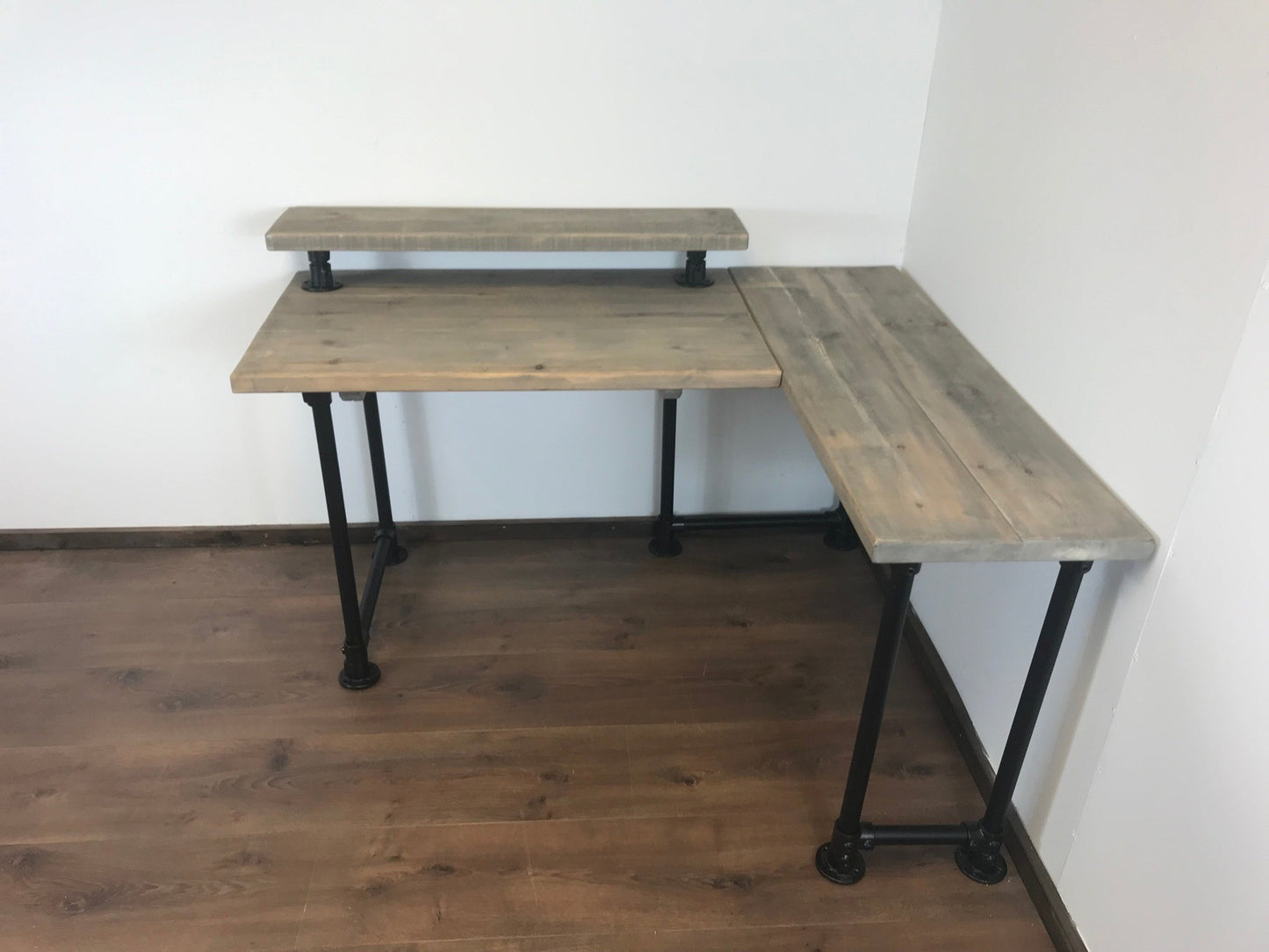 Rustic Corner Desk with Monitor Shelf & black Pipe Legs -Left or right-Handed Style-5 Colours-Customisable Sizes, Industrial L shape desk