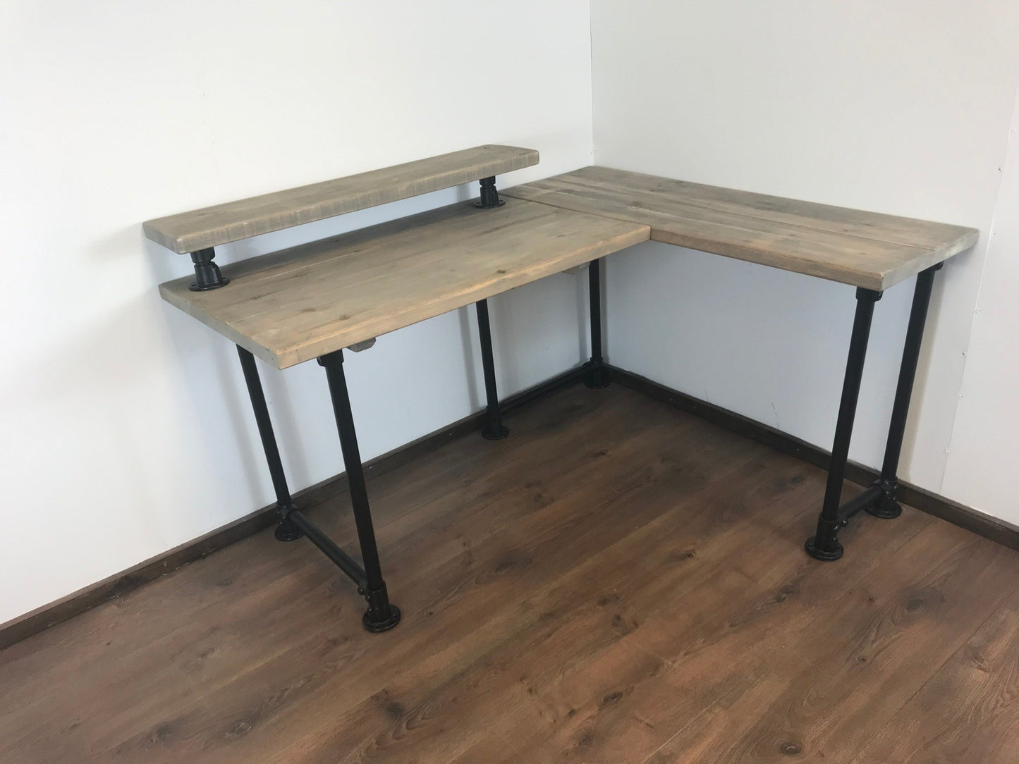 Rustic Corner Desk with Monitor Shelf & black Pipe Legs -Left or right-Handed Style-5 Colours-Customisable Sizes, Industrial L shape desk