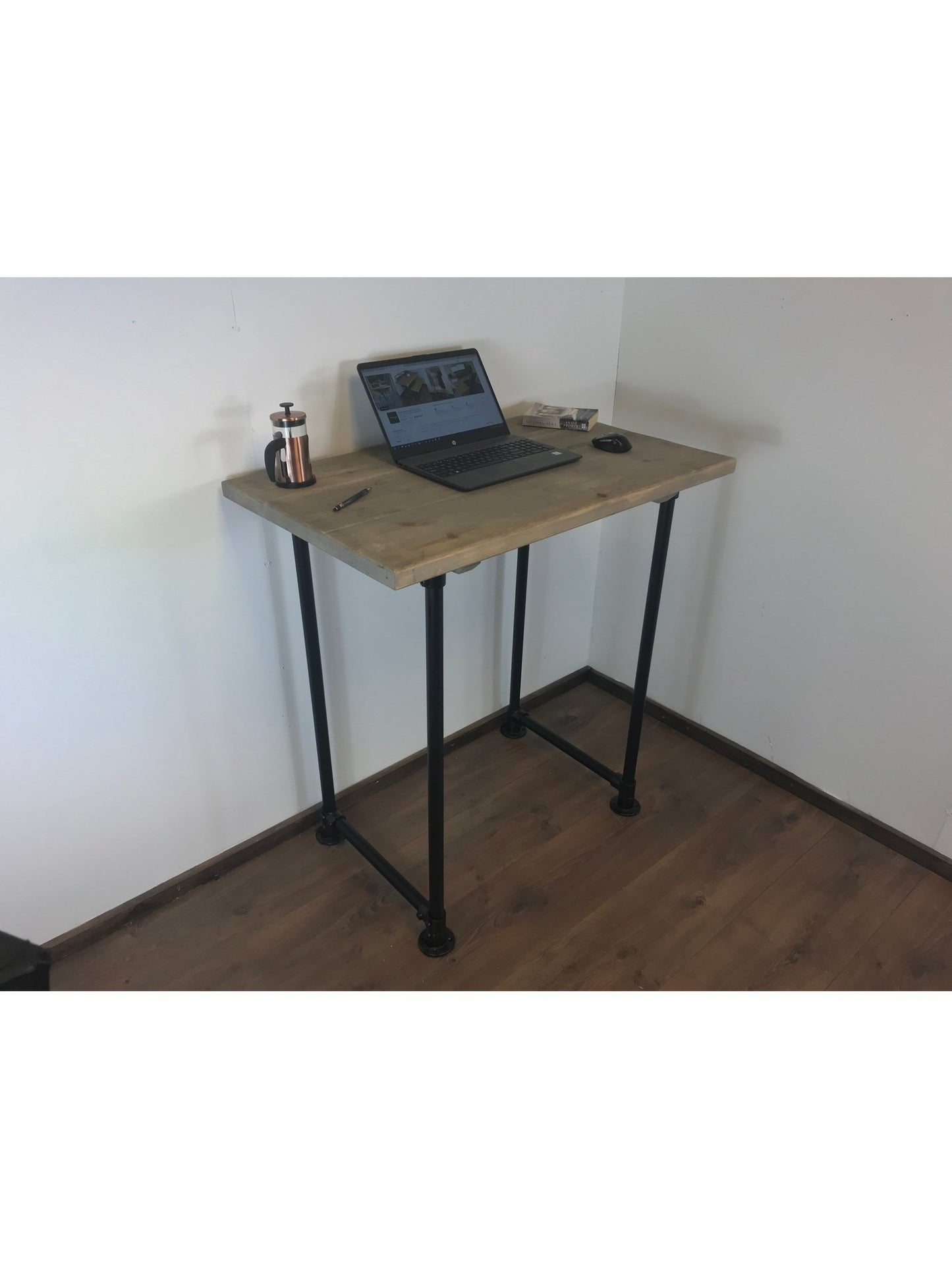 Standing Home Desk with black pipe legs in 5 wood colours. Industrial style standing Desk, home office. Rustic standing desk