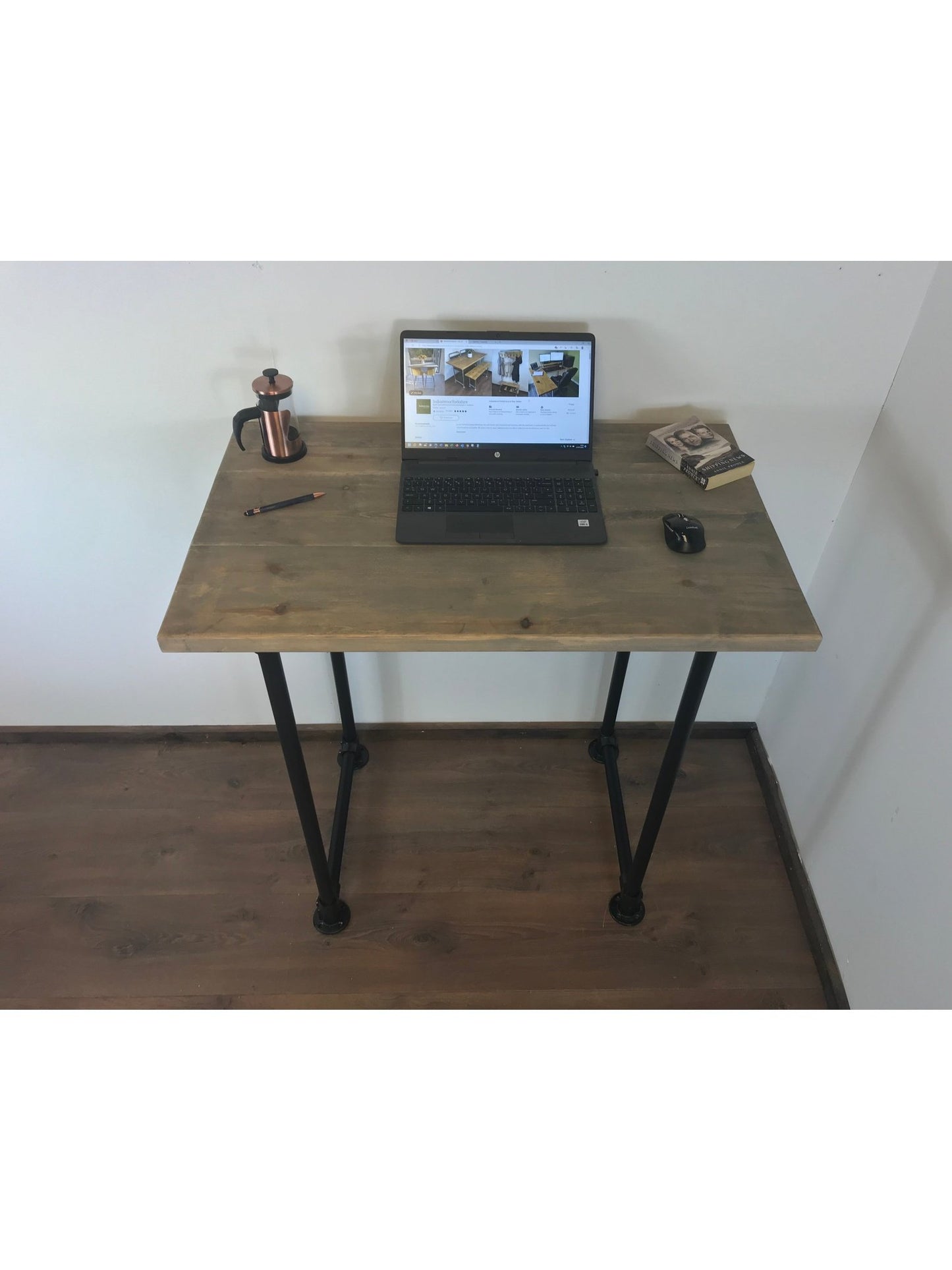 Standing Home Desk with black pipe legs in 5 wood colours. Industrial style standing Desk, home office. Rustic standing desk