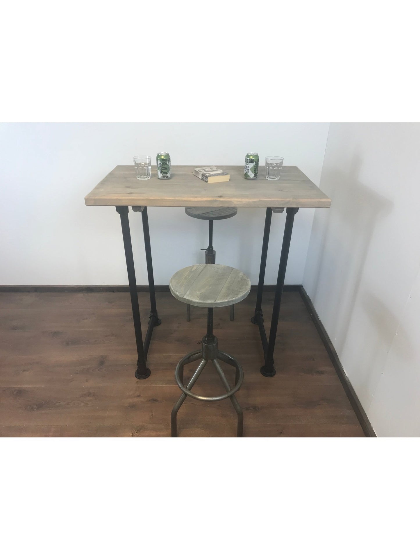 Industrial Rustic Breakfast Bar Free standing - Black pipe style legs - adjustable feet - sustainable wood - hand made in Yorkshire.