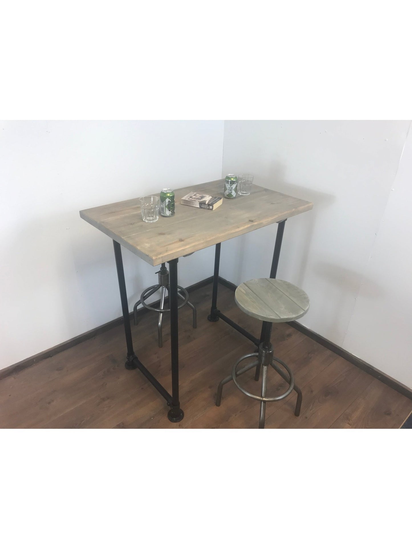 Industrial Rustic Breakfast Bar Free standing - Black pipe style legs - adjustable feet - sustainable wood - hand made in Yorkshire.