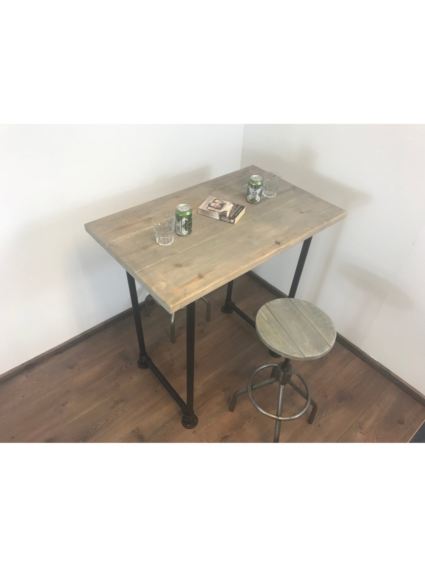 Industrial Rustic Breakfast Bar Free standing - Black pipe style legs - adjustable feet - sustainable wood - hand made in Yorkshire.