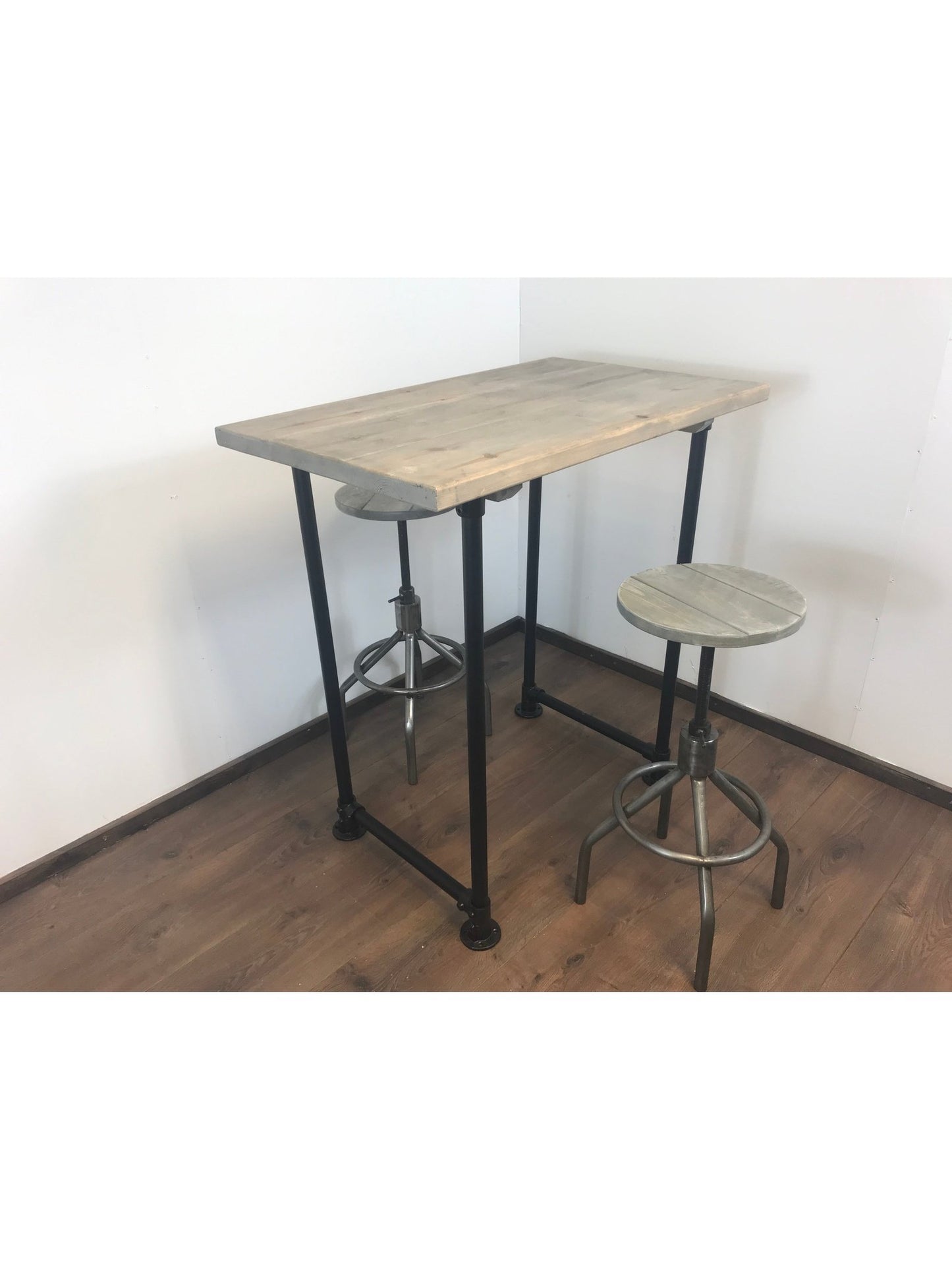 Industrial Rustic Breakfast Bar Free standing - Black pipe style legs - adjustable feet - sustainable wood - hand made in Yorkshire.