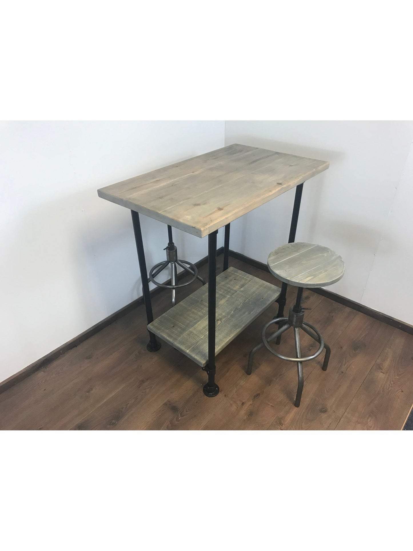 Industrial Breakfast Bar and shelf with Black Pipe Legs, adjustable feet for uneven floors- rustic sustainable wood. - Industerior