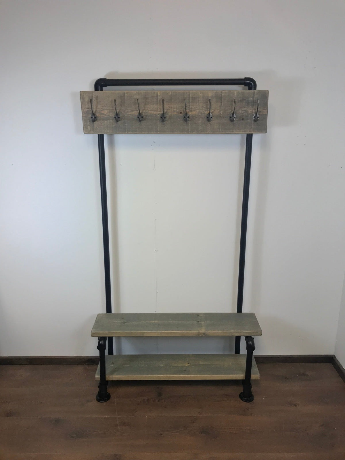 Rustic Coat Rail Rack with shoe bench, Black Pipe frame, Free standing, Rustic, Industrial, hall furniture, entrance hall, storage