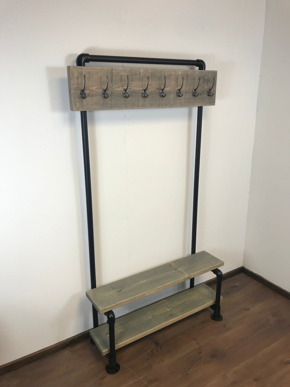 Rustic Coat Rail Rack with shoe bench, Black Pipe frame, Free standing, Rustic, Industrial, hall furniture, entrance hall, storage