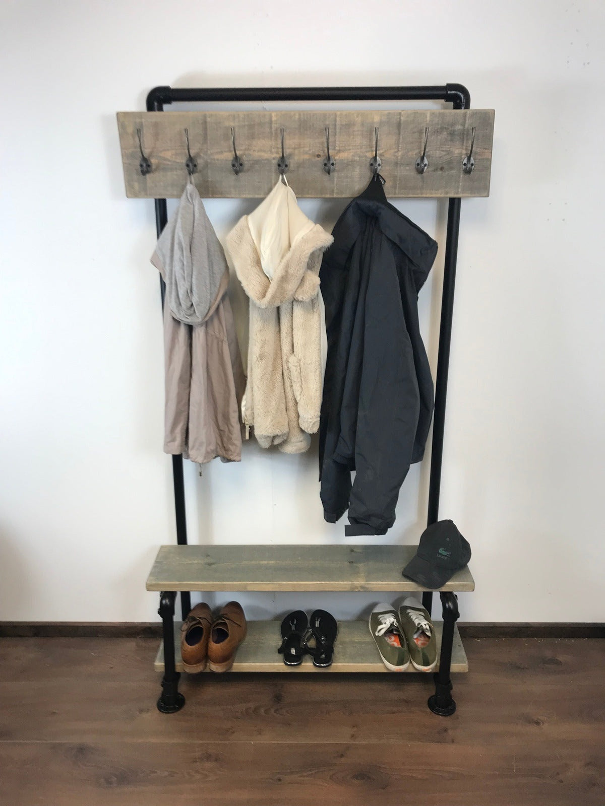 Rustic Coat Rail Rack with shoe bench, Black Pipe frame, Free standing, Rustic, Industrial, hall furniture, entrance hall, storage