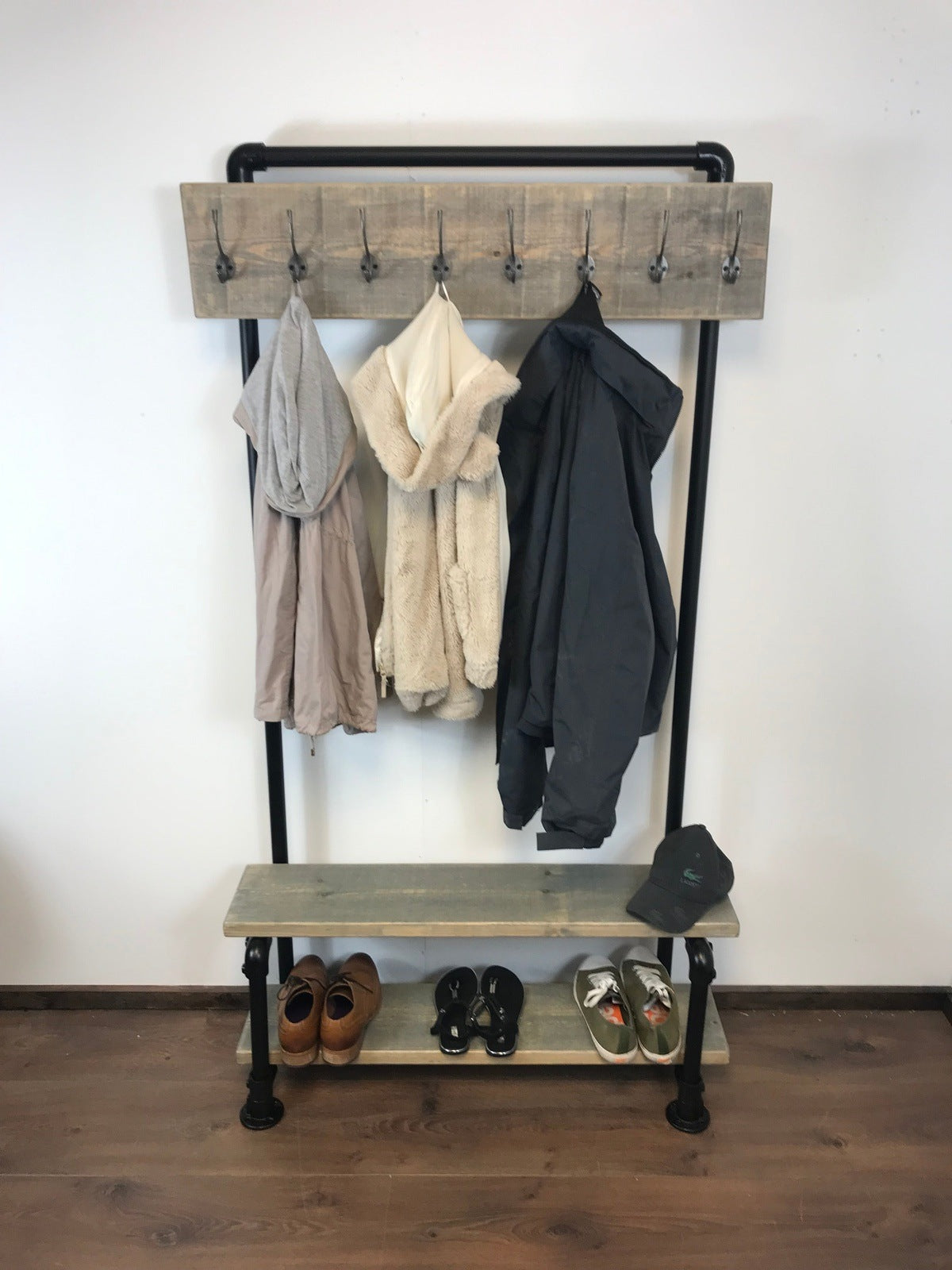 Rustic Coat Rail Rack with shoe bench, Black Pipe frame, Free standing, Rustic, Industrial, hall furniture, entrance hall, storage