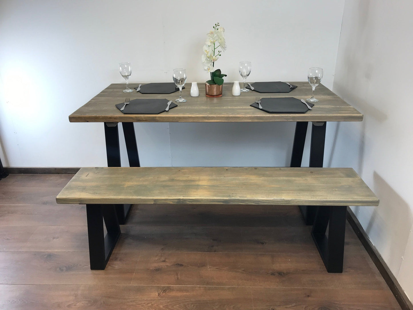 Rustic trapezium Leg Solid Wood Dining Table Set with Matching Bench Options