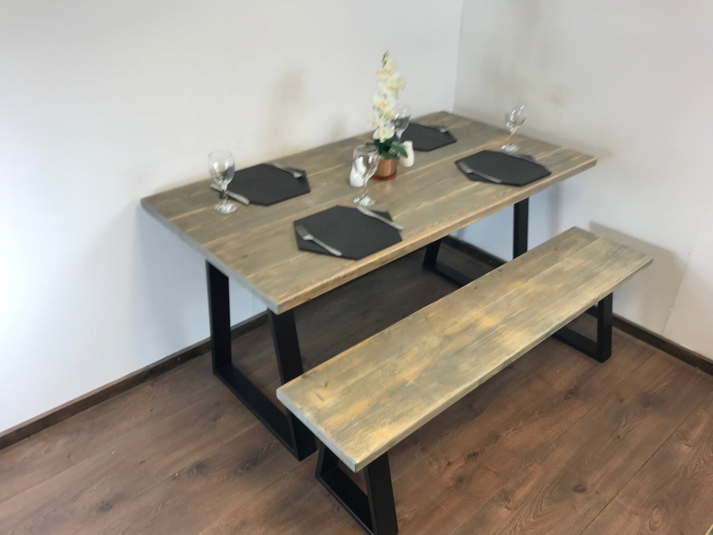 Rustic trapezium Leg Solid Wood Dining Table Set with Matching Bench Options - Industerior