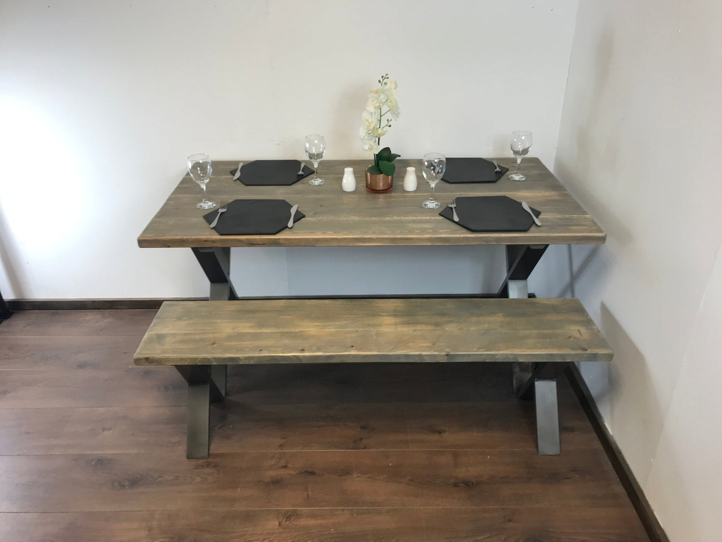 Rustic X-Leg Solid Wood Dining Table Set with Matching Bench Options - Industerior