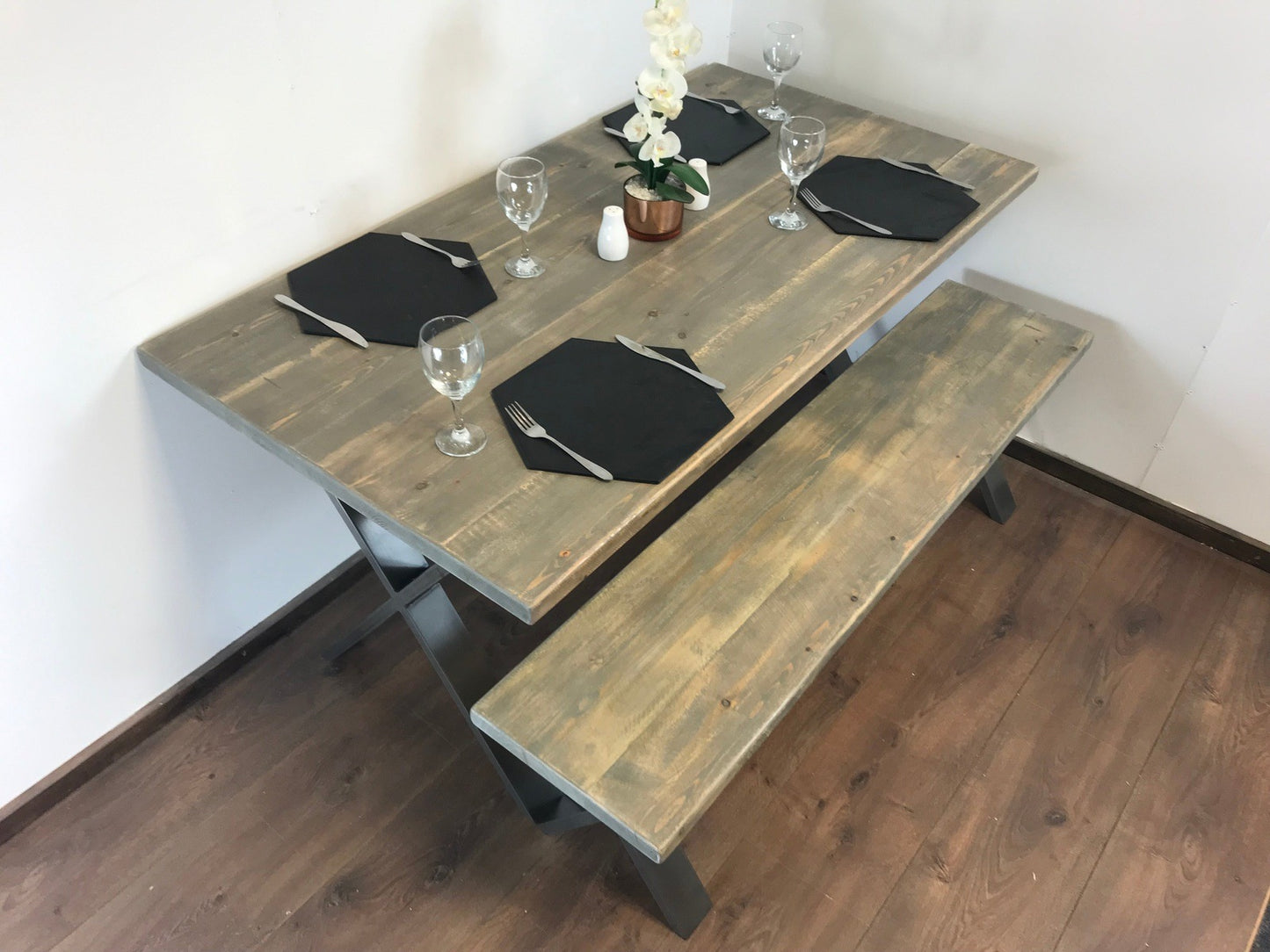 Rustic X-Leg Solid Wood Dining Table Set with Matching Bench Options - Industerior