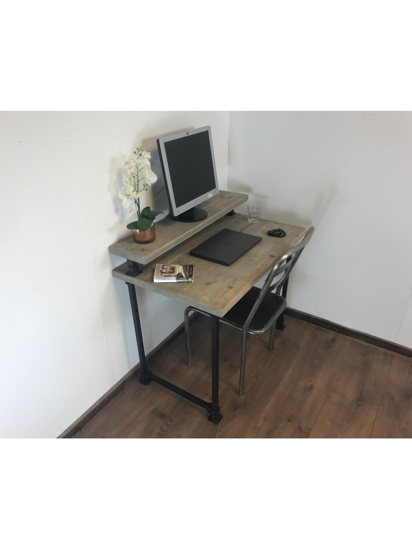 Home office desk with black square adjustable legs. with monitor shelf. 5 rustic wood colours. Industrial style. Simple Allan key installation, The Axlewood