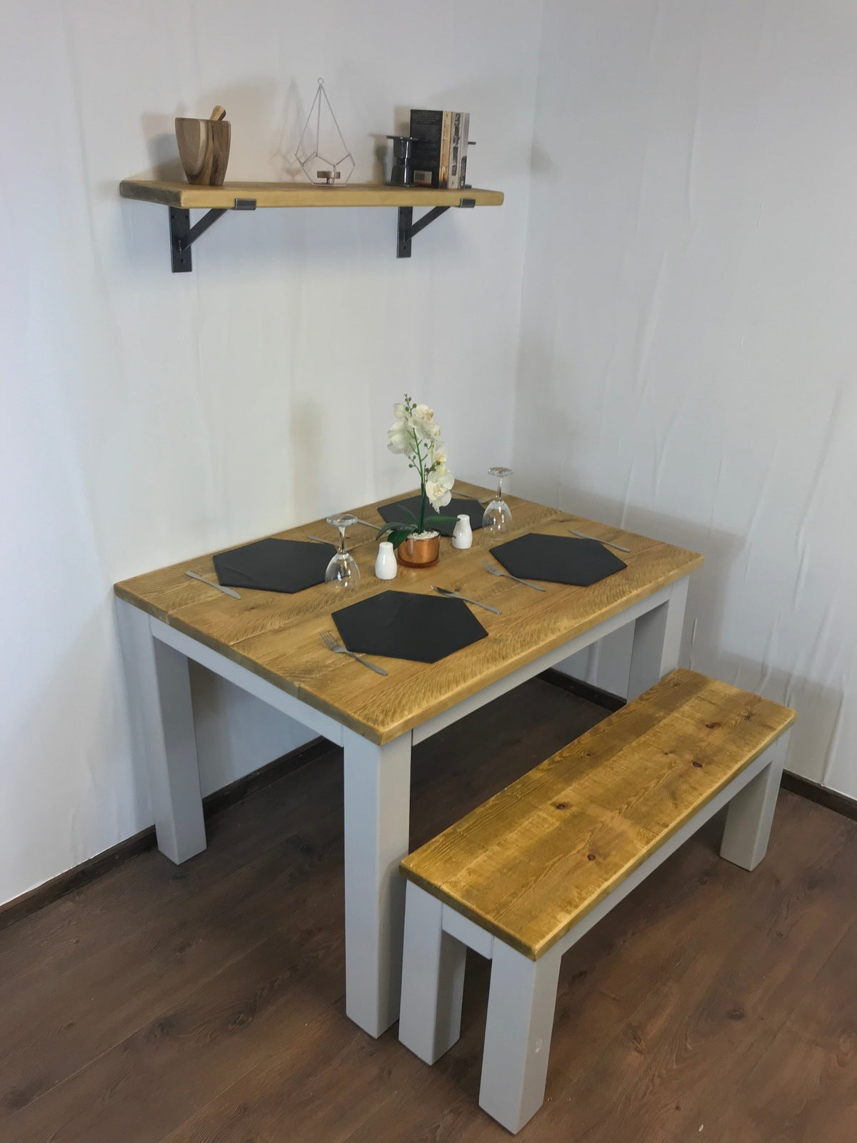 Dining Table and bench set. Farmhouse style hand painted legs using Little Green French grey. Rustic solid wood, hand stained Table top